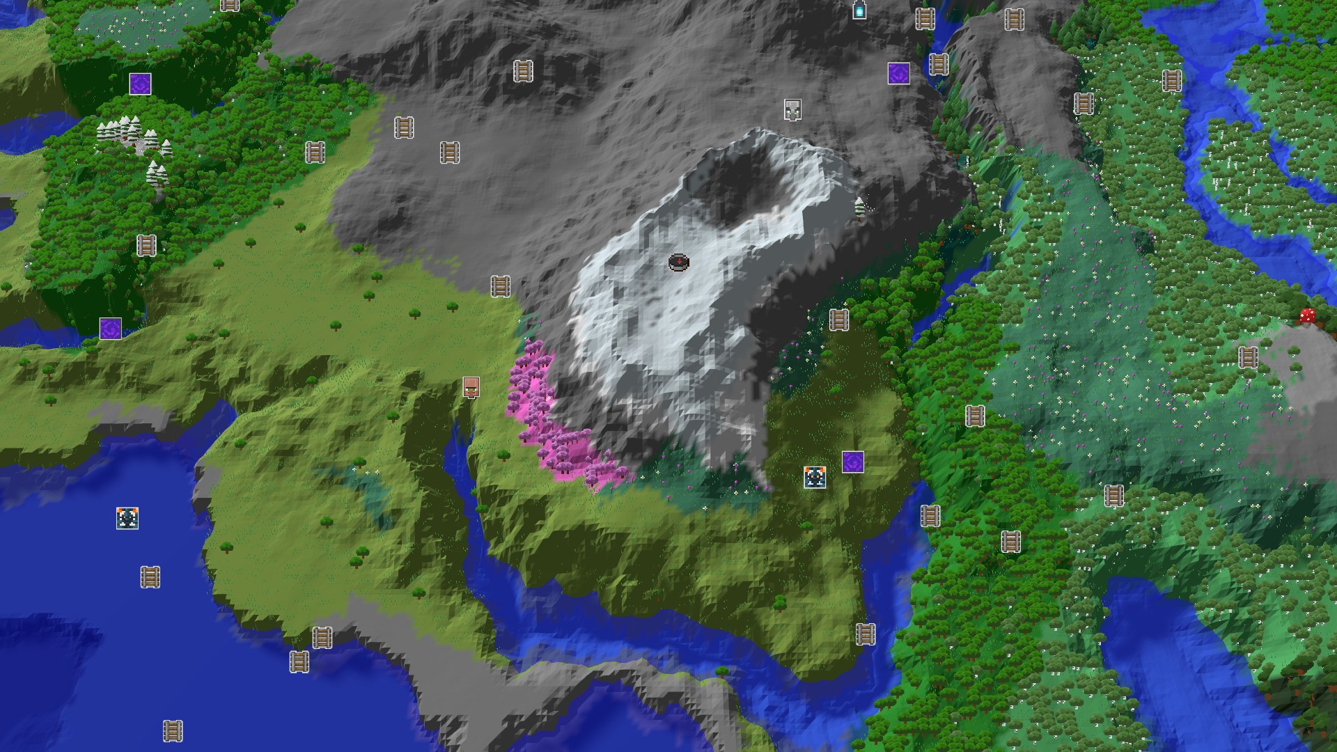 An overhead view of a snow-capped mountain, with pink cherry trees at its base, surrounded by green plains, forests, and winding rivers.