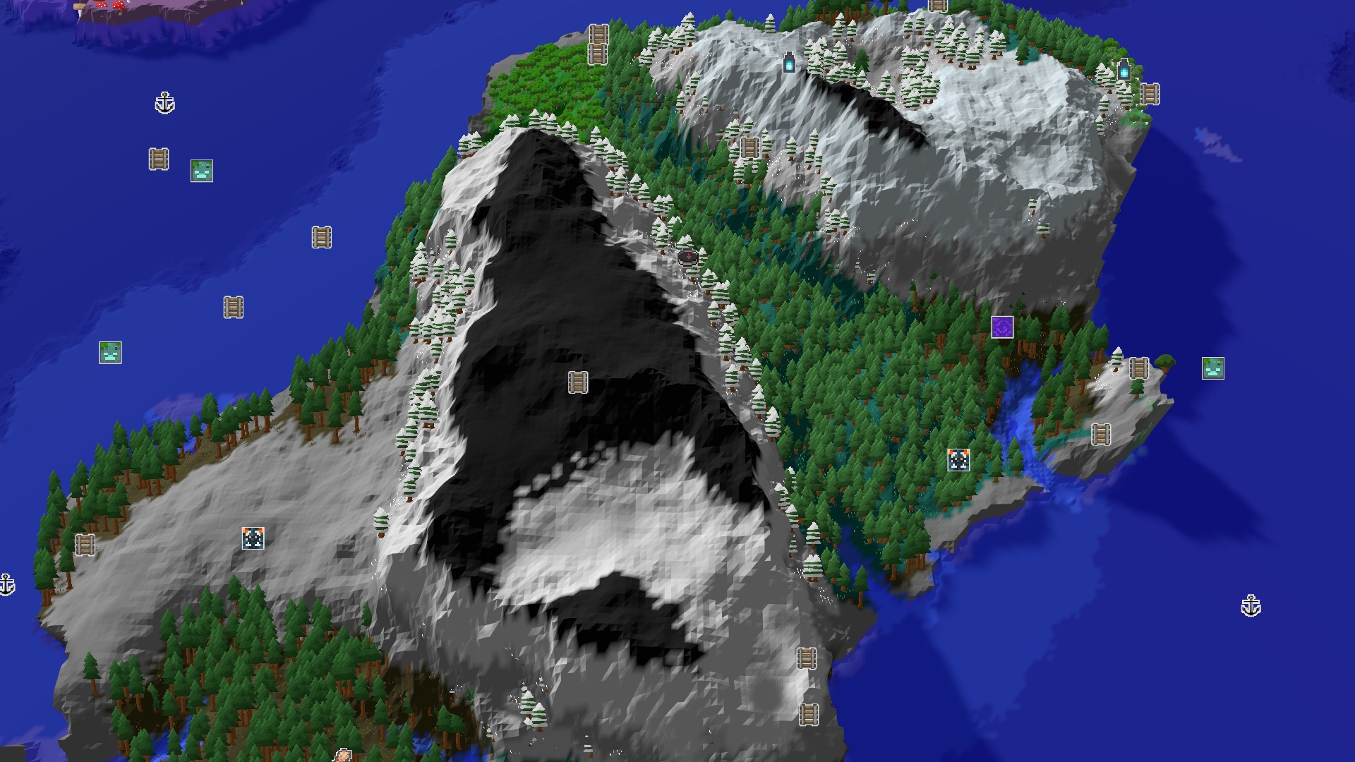 A 3D fly-over of a mountainous, snow-capped island covered in green trees, surrounded by blue water, with a small spawn marker in the center.
