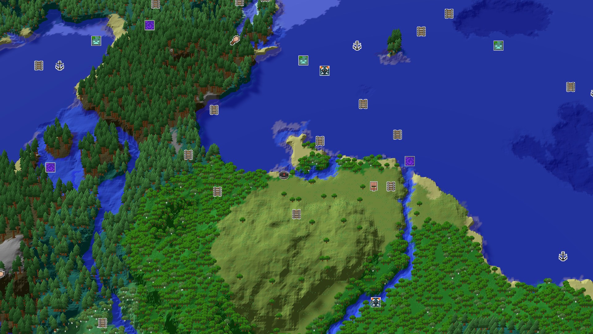 Aerial Minecraft seed map — A Modest Start With Nearby Amethyst and Taiga