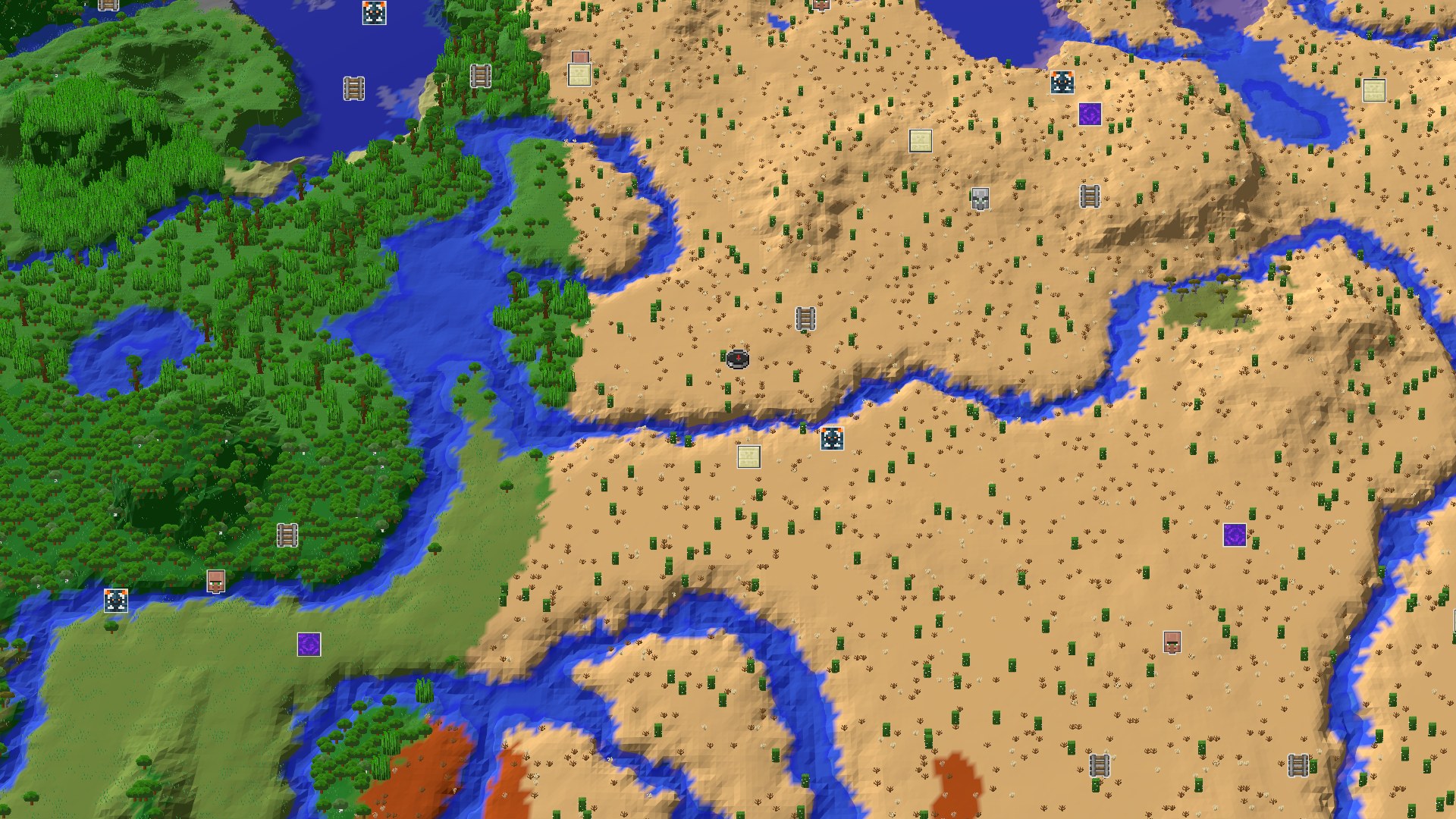 Aerial Minecraft seed map — Desert Spawn with Nearby Geode and Jungles