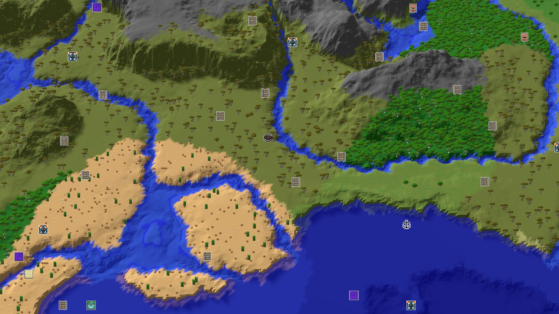 A bird's-eye view of a Minecraft world, showing a savanna biome with scattered acacia trees, a winding river, and a large desert area. Hills rise in the distance, and an ocean borders the southern edge.