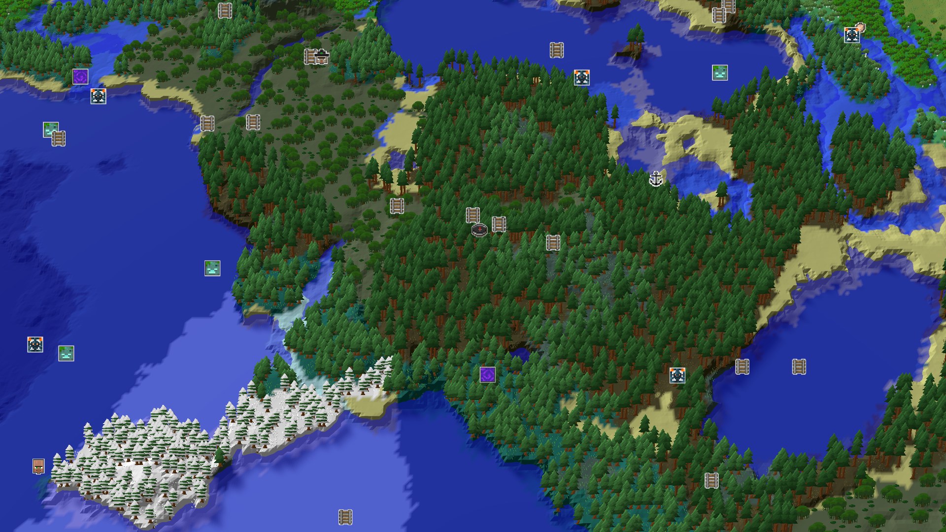 A bird's-eye view of a forest-dense landscape, with large bodies of water and some snowy areas to the south, marked with a small central spawn point.