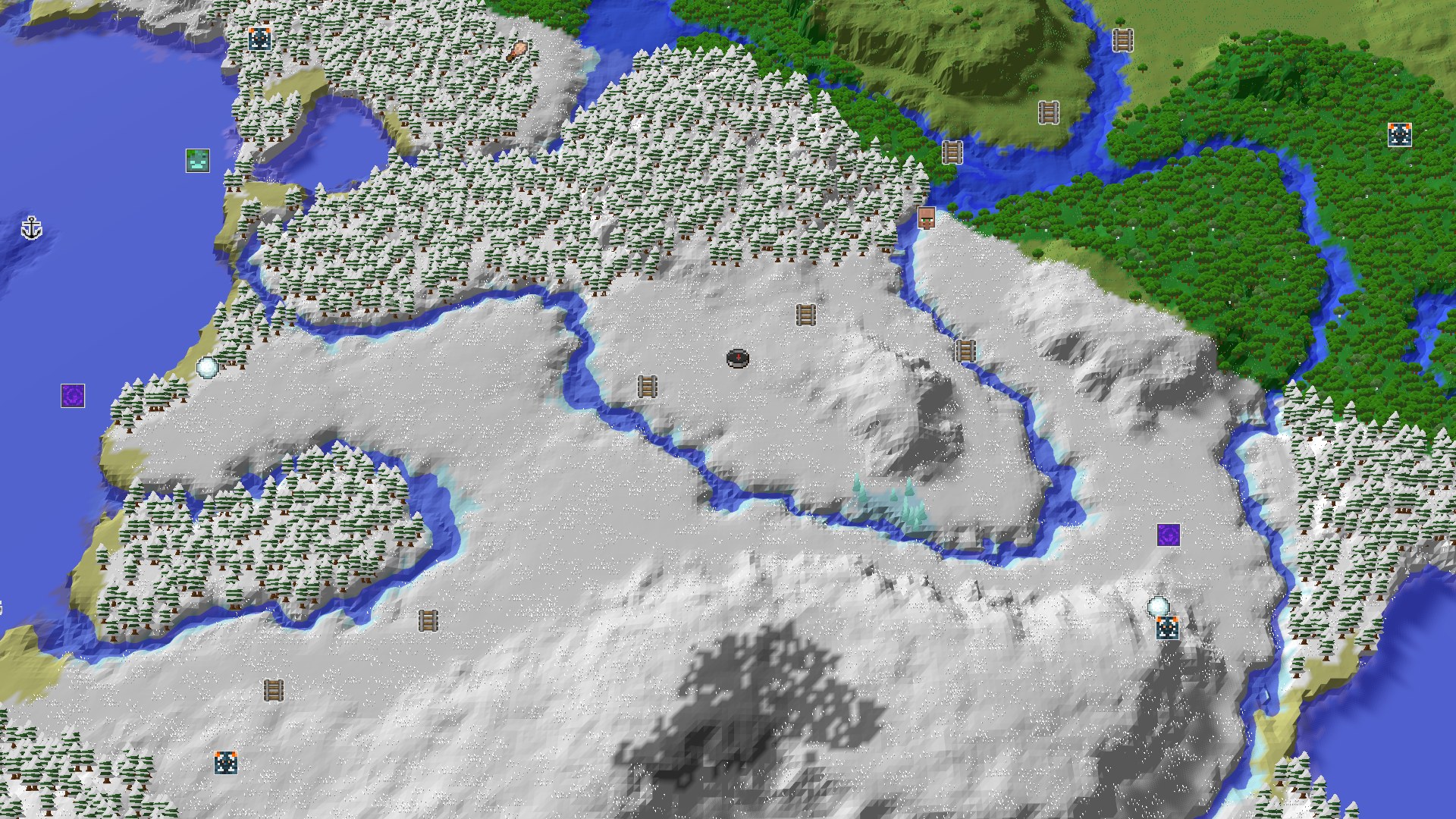Aerial Minecraft seed map — A Snowy Start with Quick Underground Access
