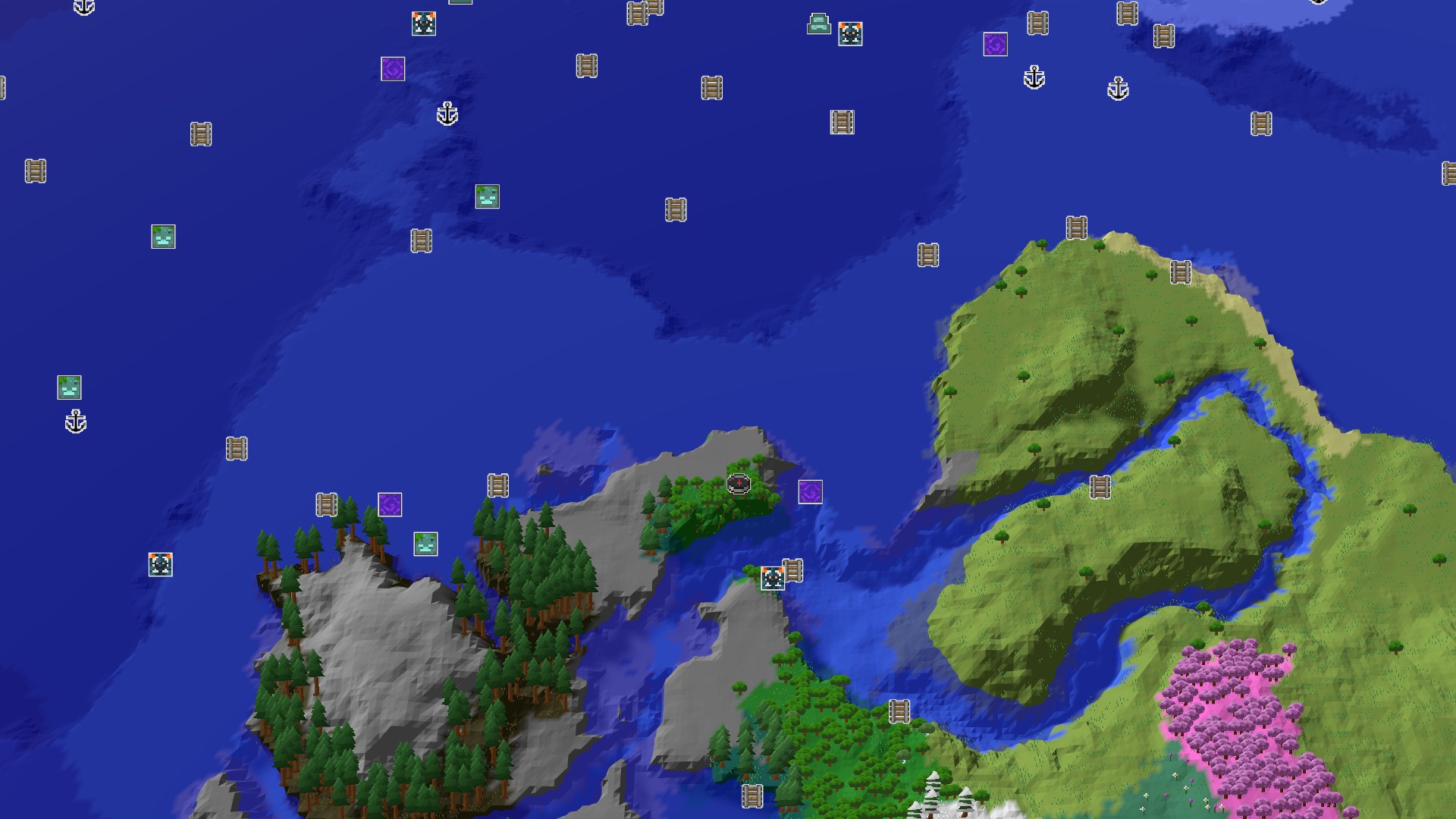 Aerial Minecraft seed map — A Coastal Forest Start with Nearby Caves