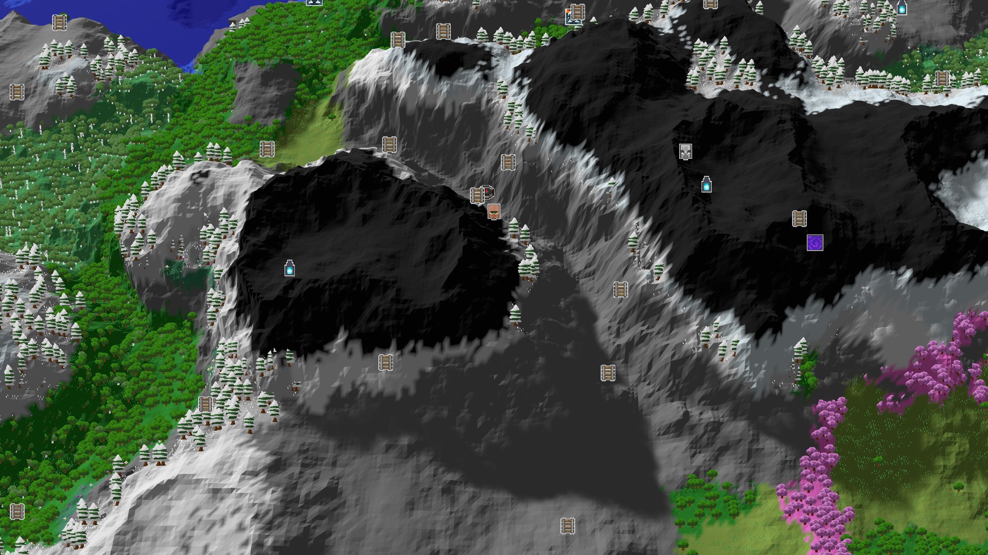 Aerial Minecraft seed map — A Mountainous Start with Nearby Village and Geode