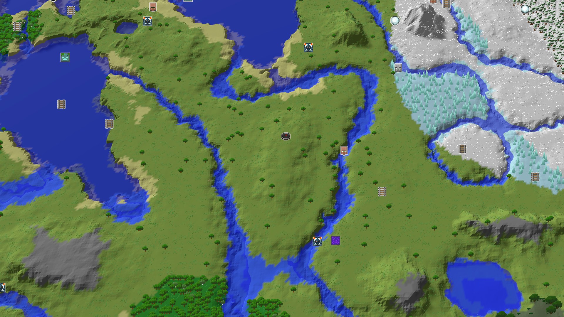 Aerial Minecraft seed map — Plains Spawn with Close Geode and Icy Horizons