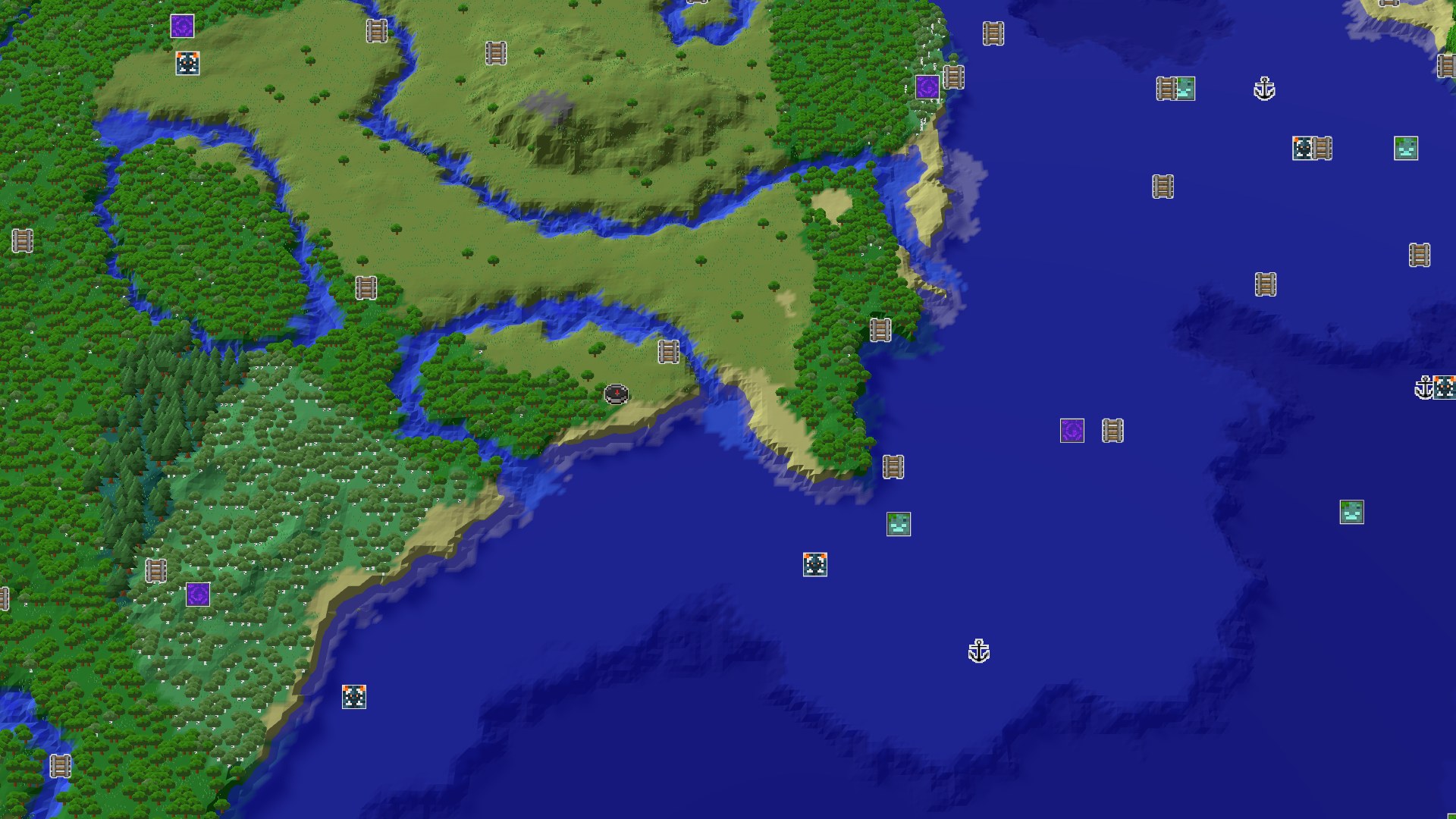 Aerial Minecraft seed map — Forest Spawn with Nearby Amethyst and Mineshaft