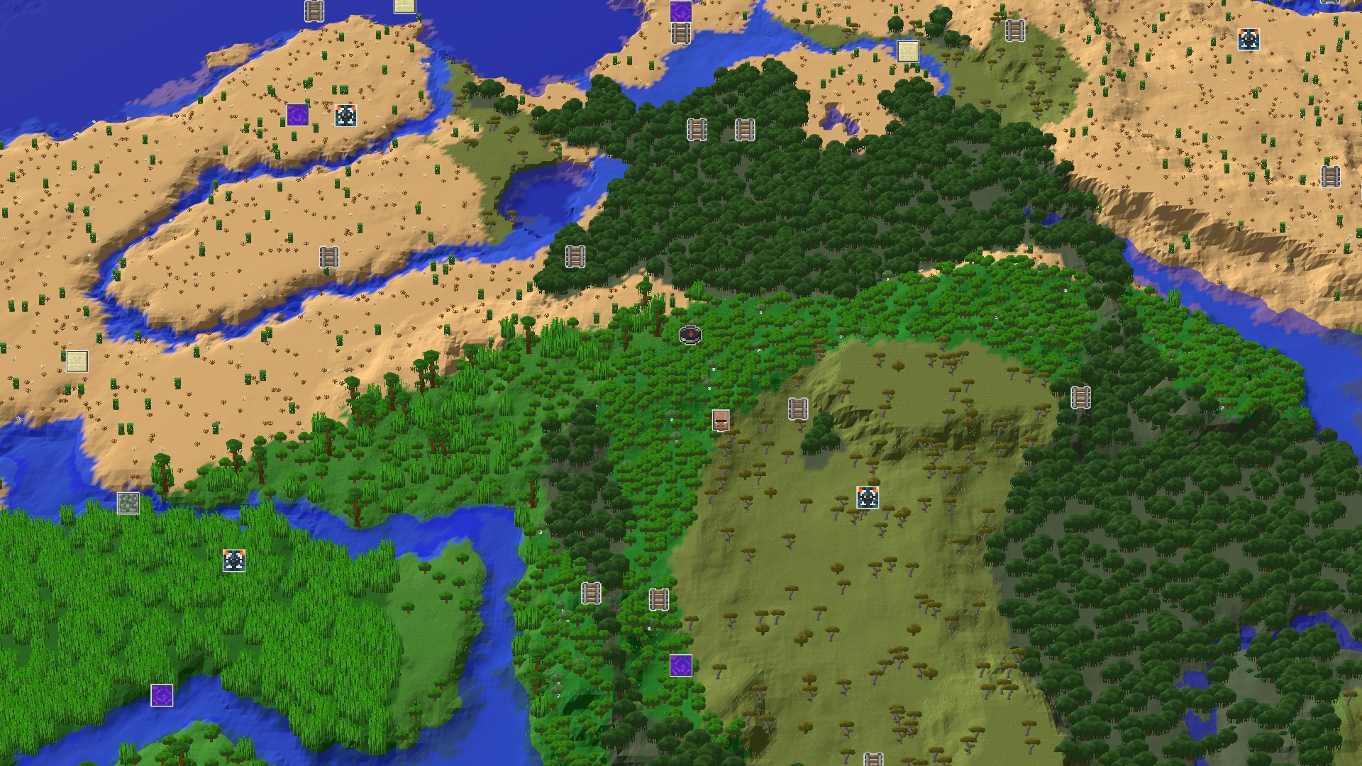 Aerial Minecraft seed map — Forest Spawn with Nearby Geode and Diverse Biomes