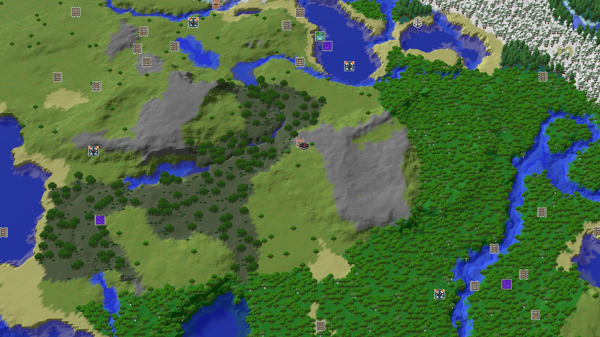 A bird's eye view of a grassy, hilly landscape with a large forest to the east and a cold, snowy biome in the far northeast. Several small bodies of water and rivers wind through the terrain. A small spawn marker is visible in the center.