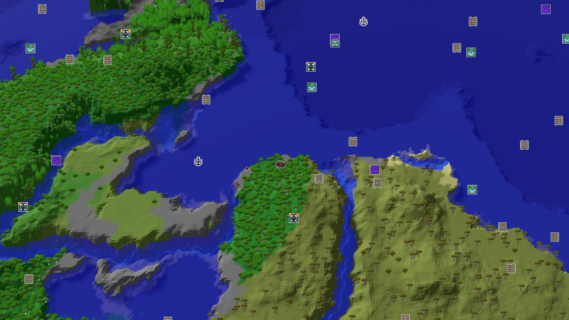 A 3D fly-over rendering of the spawn area, showing a dense forest biome covering a large island, surrounded by deep blue ocean and some lighter green savanna terrain to the east.