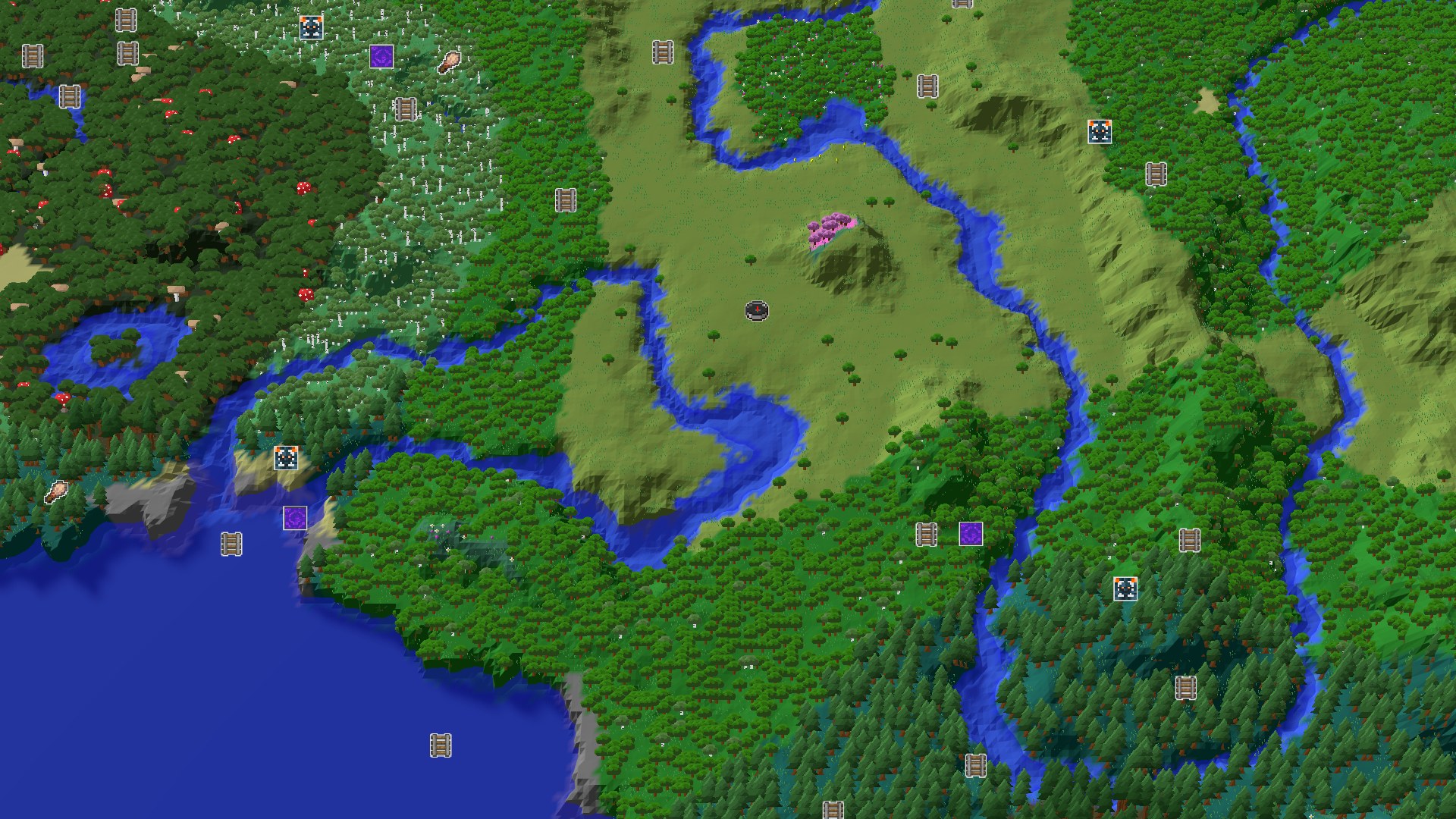 Aerial Minecraft seed map — Plains Spawn with a Nearby Amethyst Geode