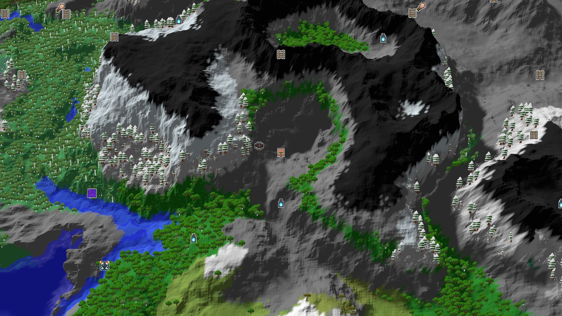 Aerial Minecraft seed map — A Mountainous Start with Nearby Village and Ancient City