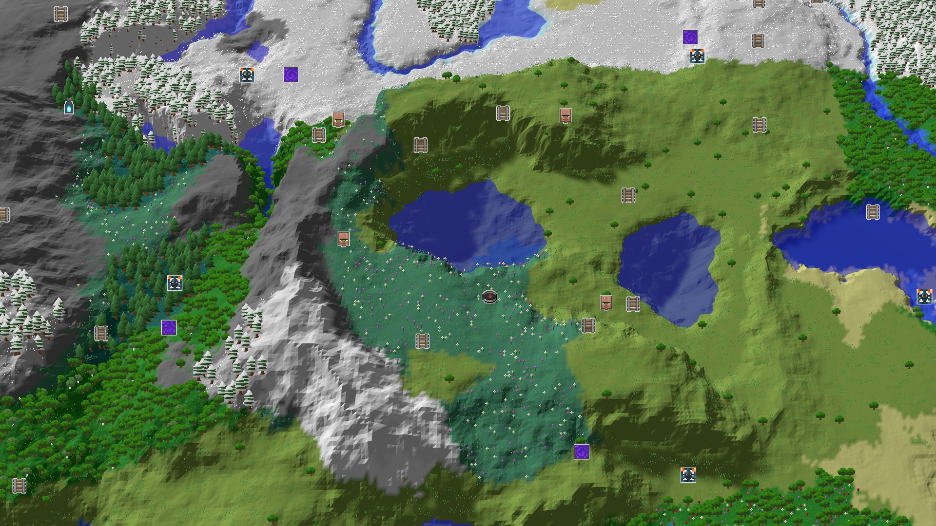 A bird's-eye view of a green meadow dotted with flowers, nestled between a large lake and snow-capped mountains. A small spawn marker sits in the center.