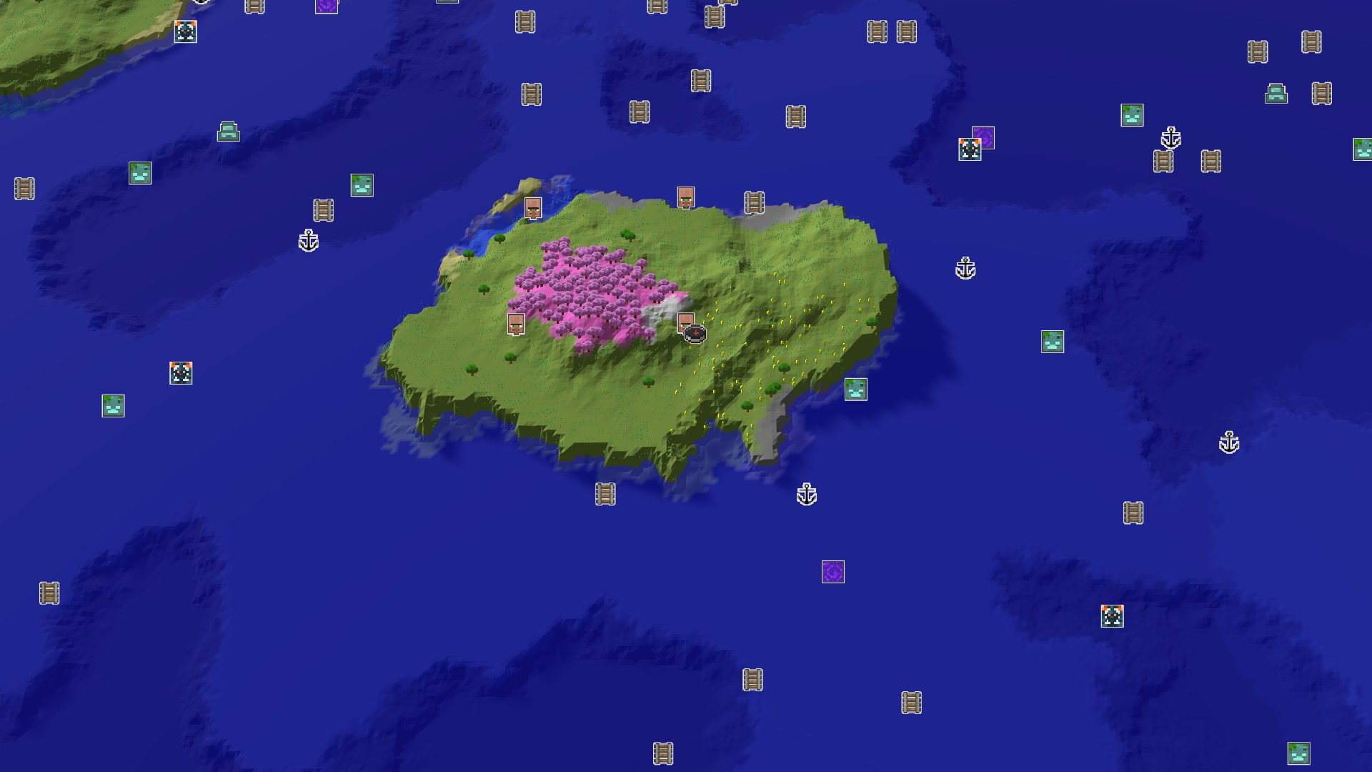 A bird's-eye view of a medium-sized island in the middle of a vast ocean. The island features rolling green hills, scattered trees, and a prominent pink-leafed Cherry Grove biome in its center. A small spawn marker is visible near the center of the island.