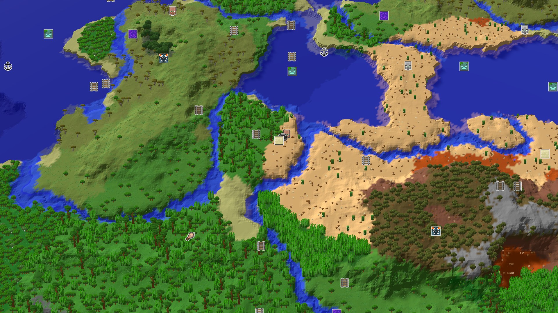 Aerial Minecraft seed map — Desert Spawn with Nearby Village and Pyramid