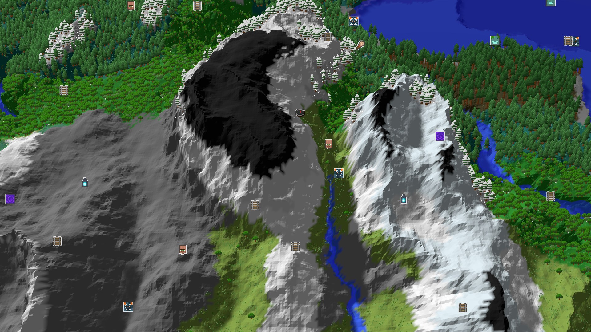 Aerial Minecraft seed map — A Jagged Peaks Spawn with Village and Trial Chambers