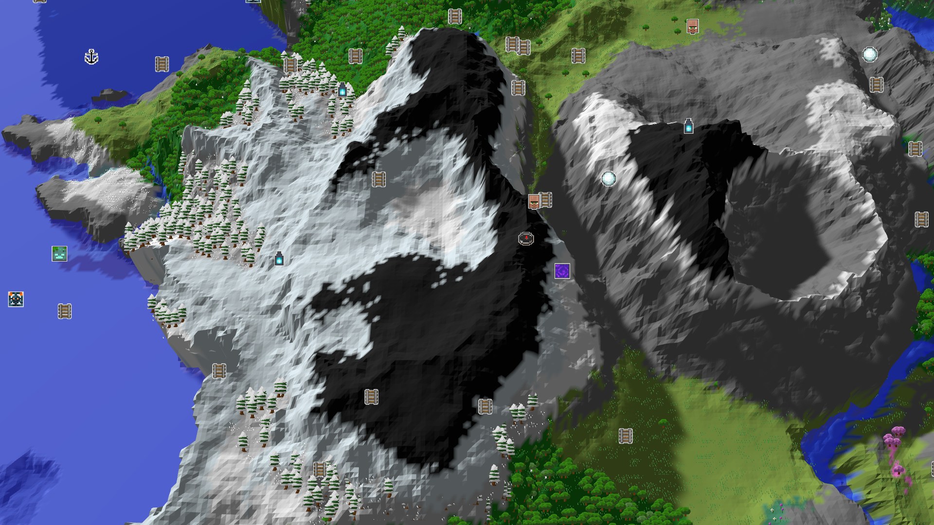 Aerial Minecraft seed map — Frozen Peaks and Underground Riches