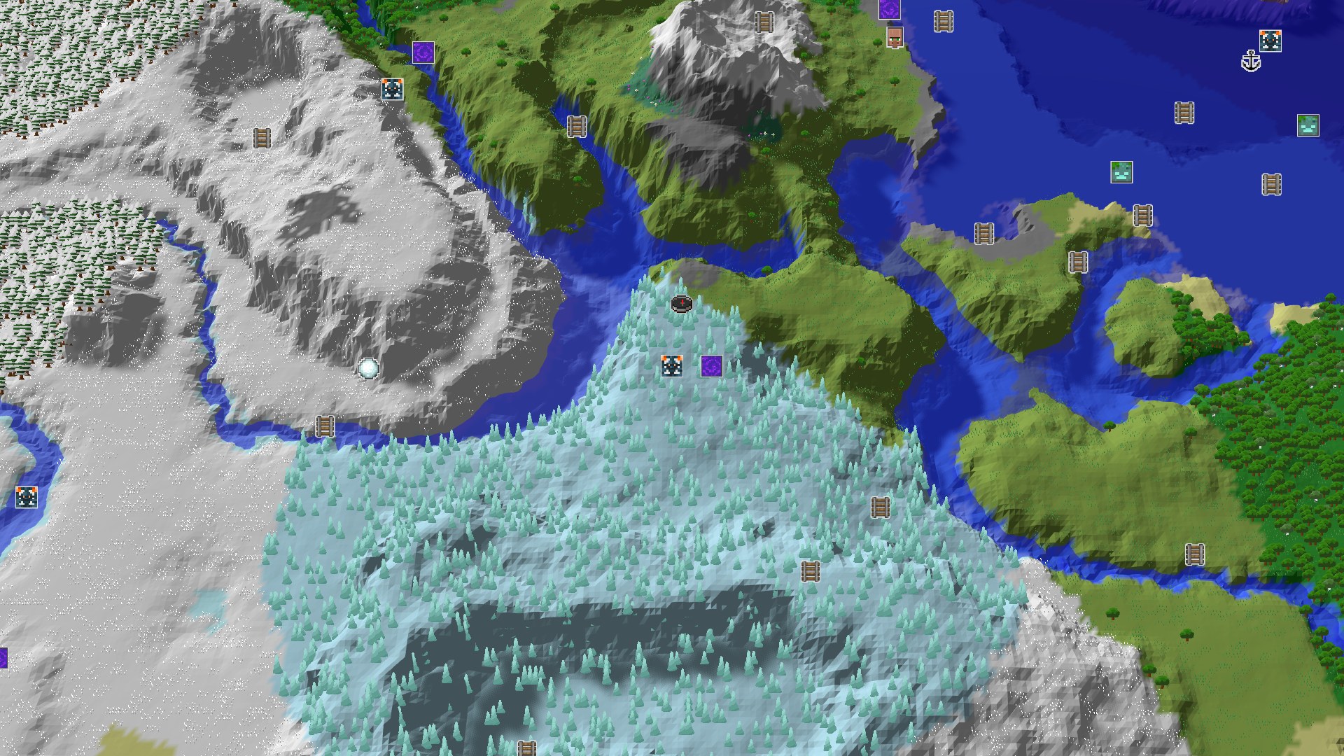 Aerial Minecraft seed map — Ice Spikes Spawn with Nearby Trial Chambers