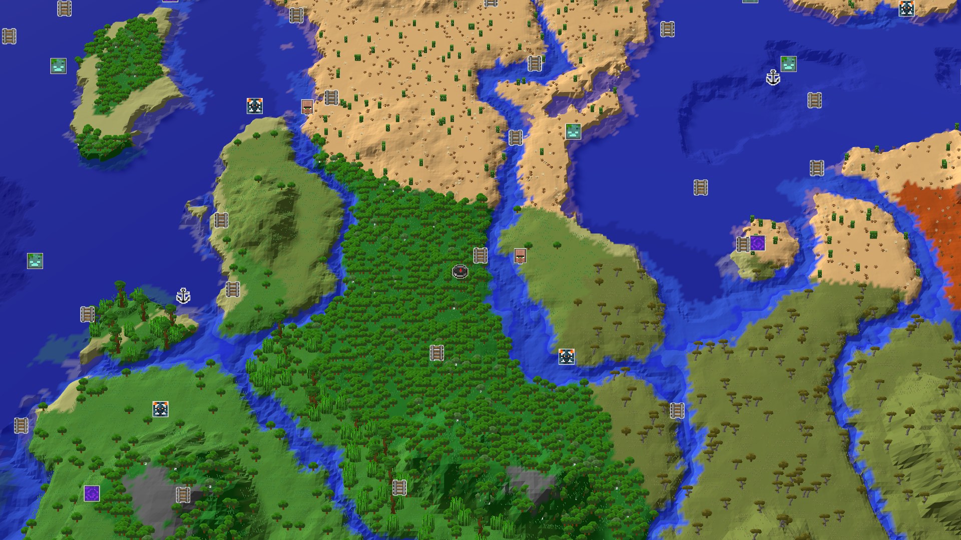 Aerial Minecraft seed map — A Lush Forest Start with Nearby Desert and Savanna