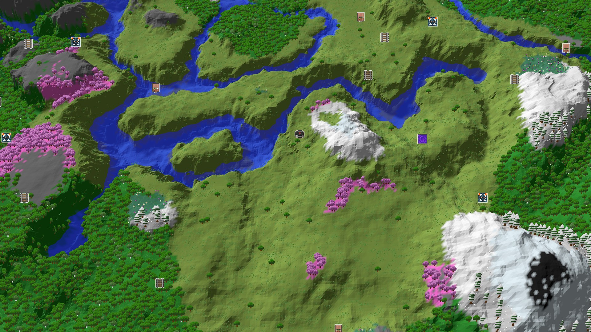 Aerial Minecraft seed map — Spawn in Plains with Mountains and Cherry Groves Nearby
