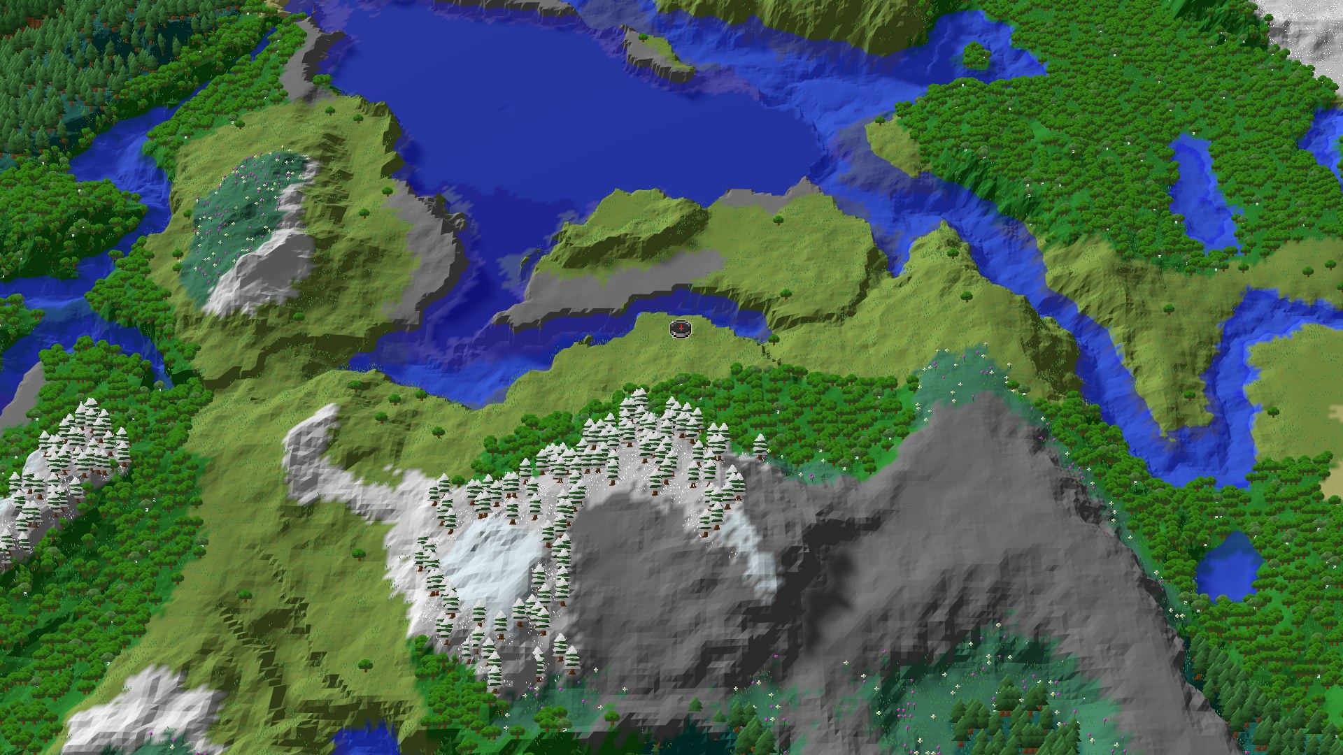 Aerial Minecraft seed map — Spawn in Plains with Mountains and a Cherry Grove Nearby