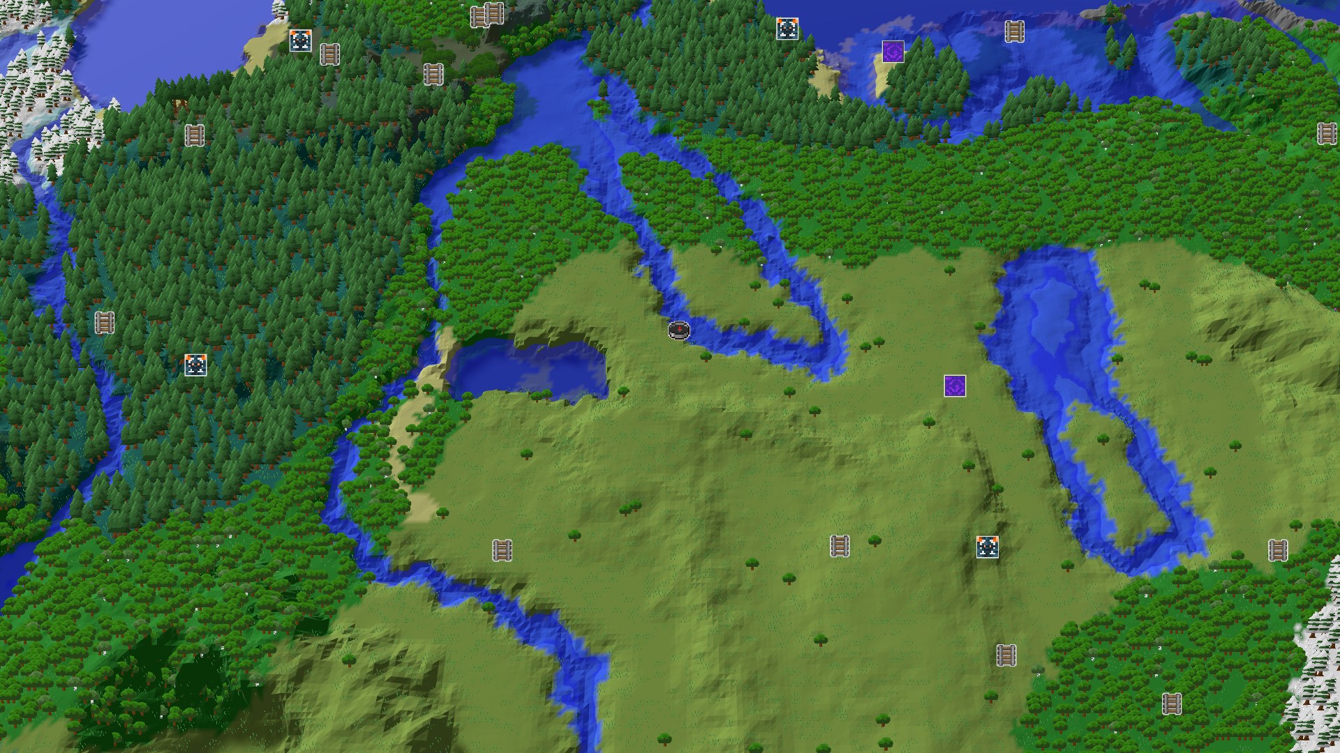 An aerial view of varied terrain around the spawn point, showing plains, rivers, and forests, with snowy biomes in the distance.