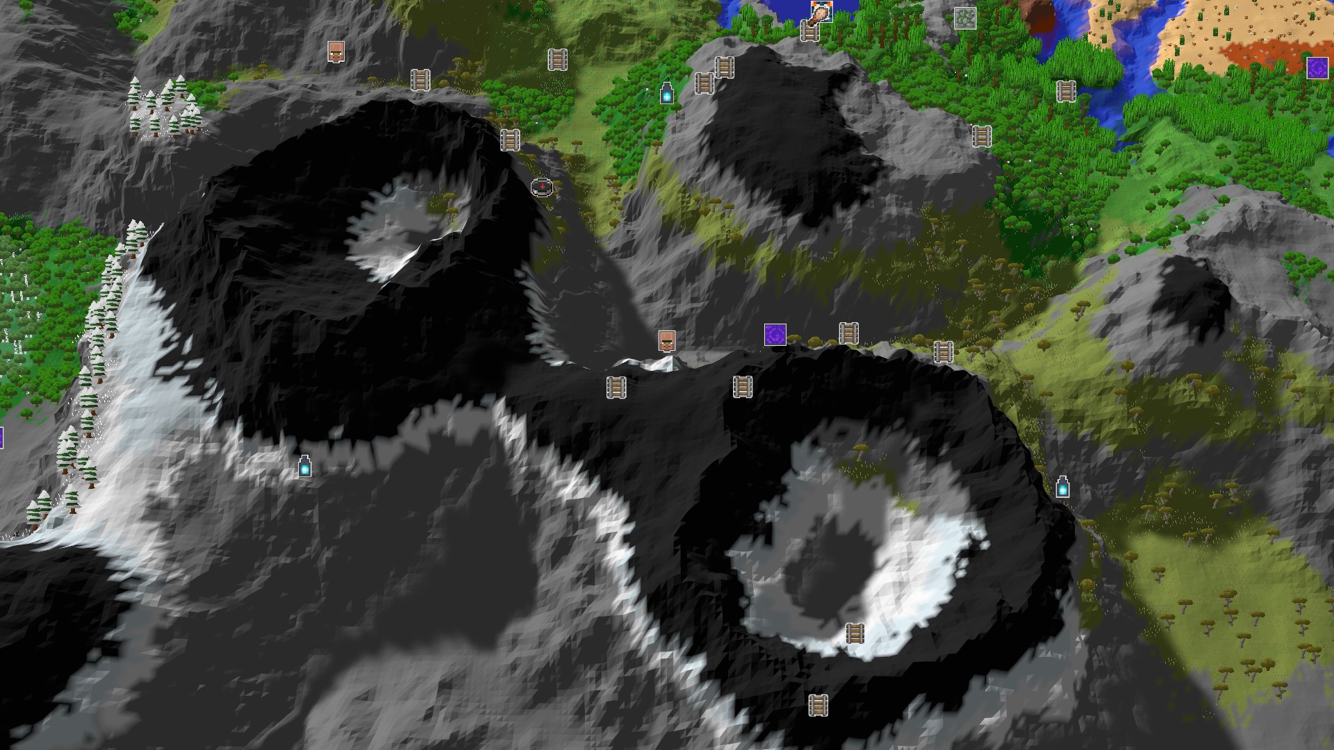 Aerial Minecraft seed map — Spawn Near Craggy Peaks, Mineshaft, and Ancient City