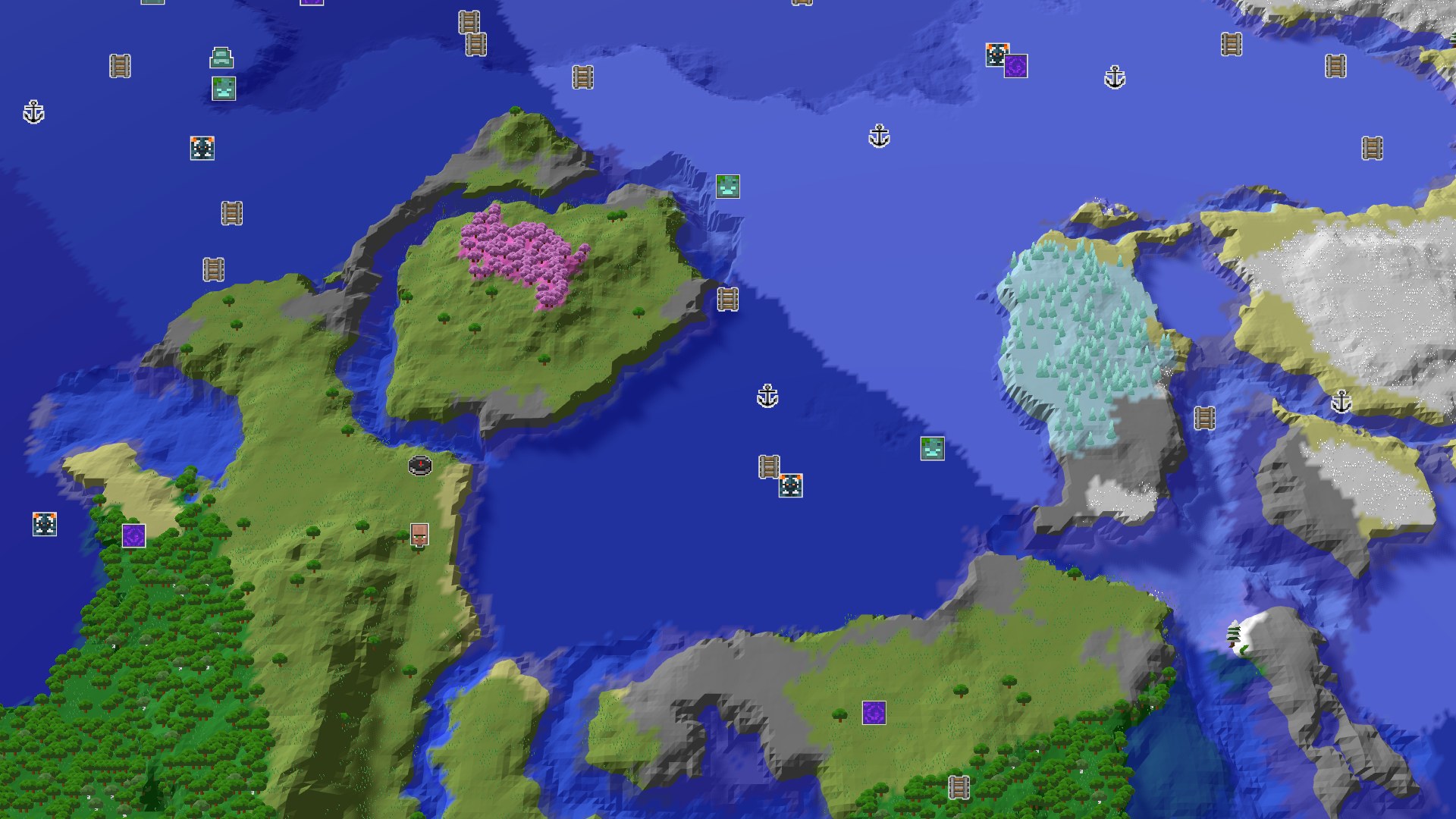 Aerial Minecraft seed map — A Coastal Start with a Nearby Cherry Grove