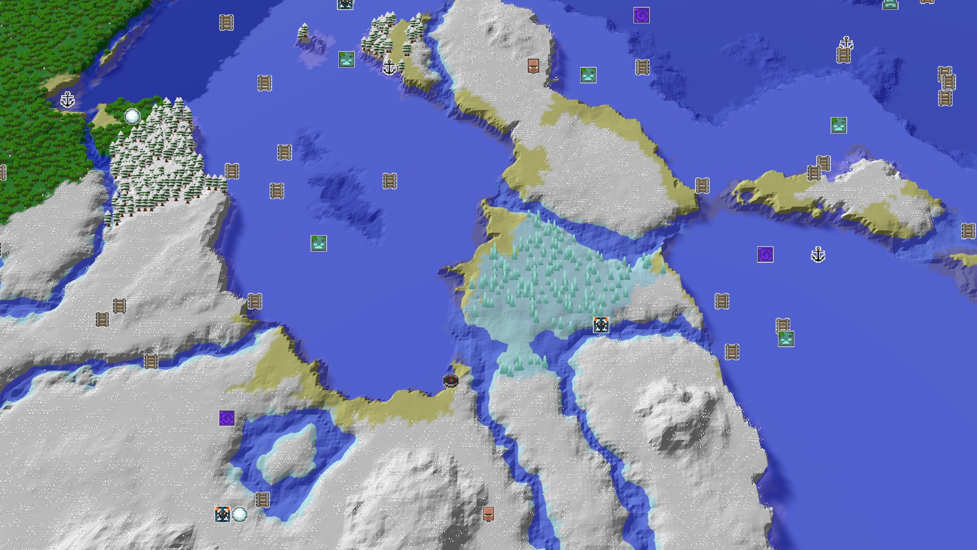 Aerial Minecraft seed map — Spawn in a Snowy Expanse with a Nearby Geode