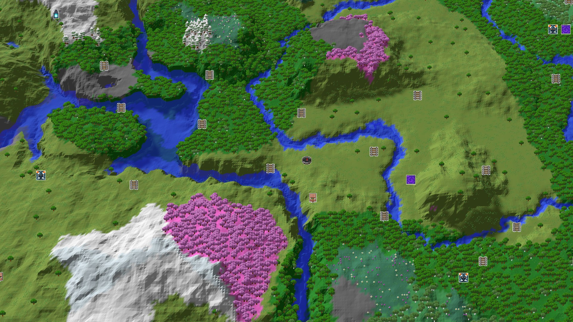 Aerial Minecraft seed map — A Quiet Plains Spawn with a Cherry Grove Nearby