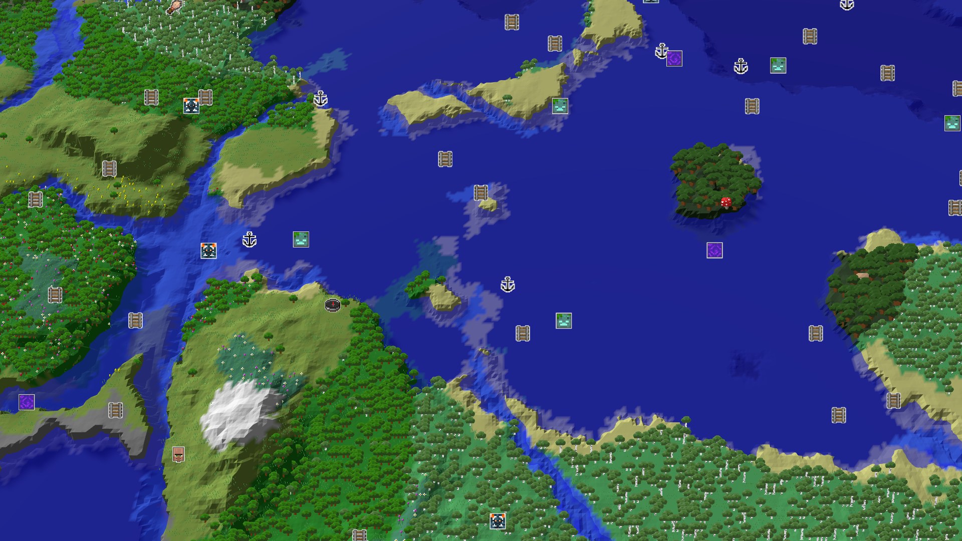 Aerial Minecraft seed map — Spawn Near a Village and an Amethyst Geode