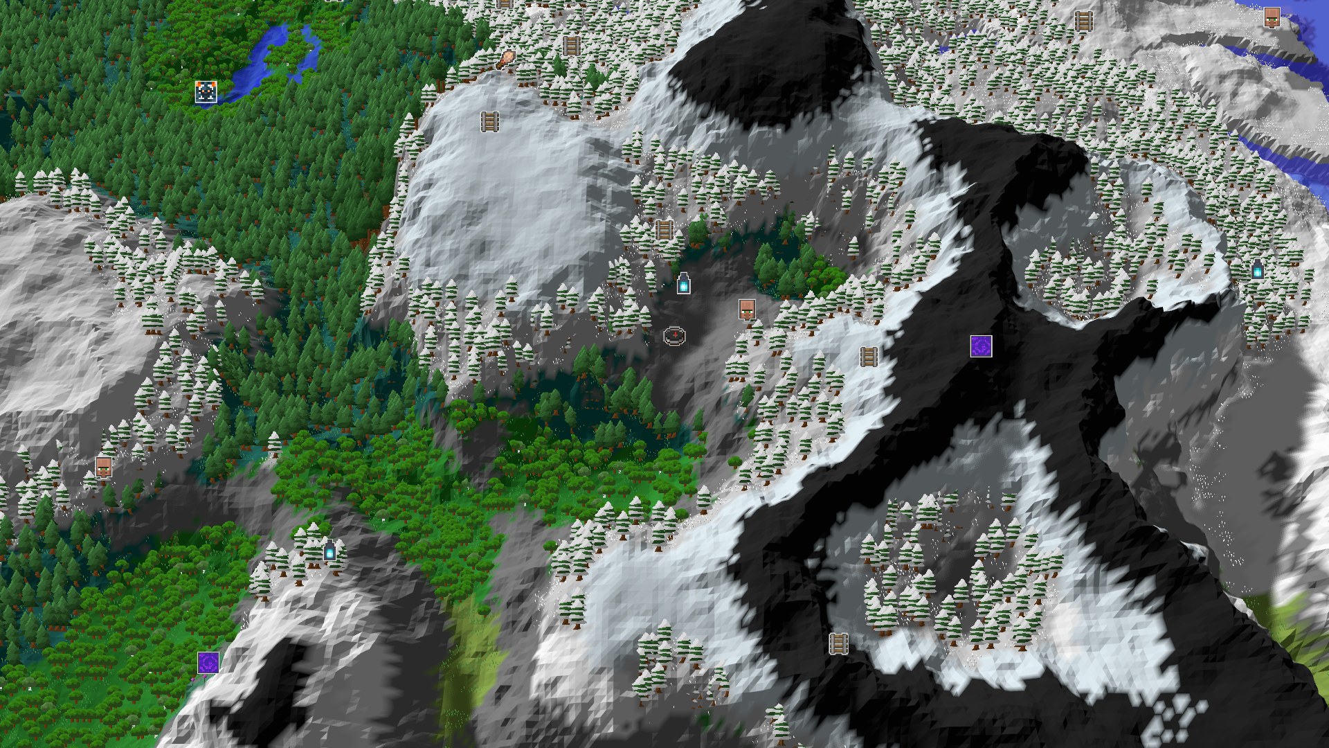 Aerial Minecraft seed map — A Mountainous Taiga Start with Deep Dangers Nearby