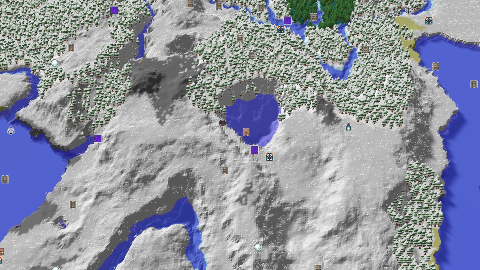 Aerial Minecraft seed map — A Snowy Start with Nearby Village and Geode