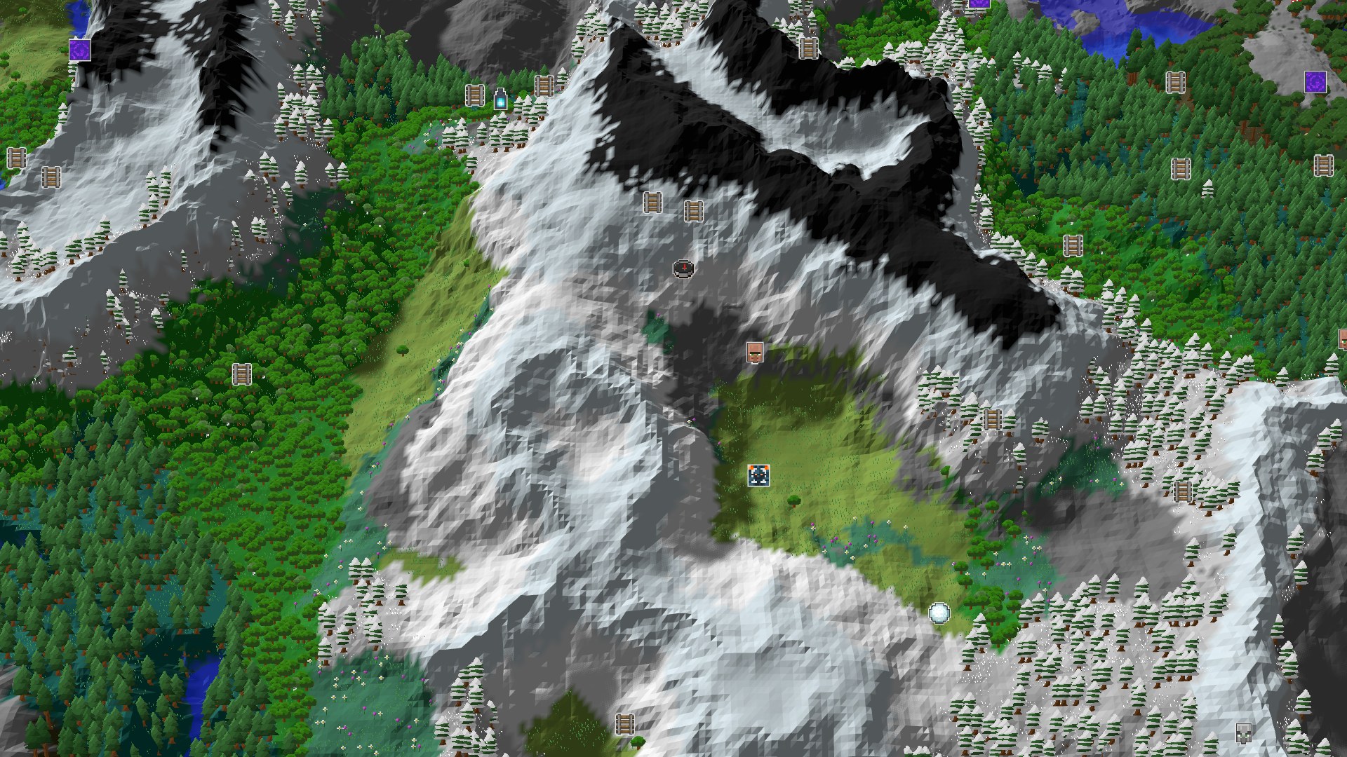 Aerial Minecraft seed map — A Mountainous Spawn with Nearby Geodes and Villages