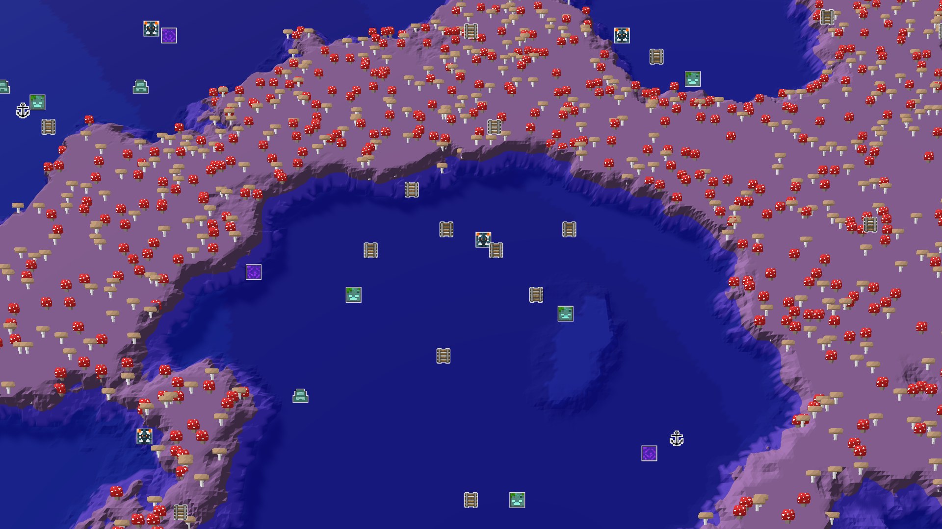 Aerial Minecraft seed map — Spawn Near a Mushroom Fields Shoreline