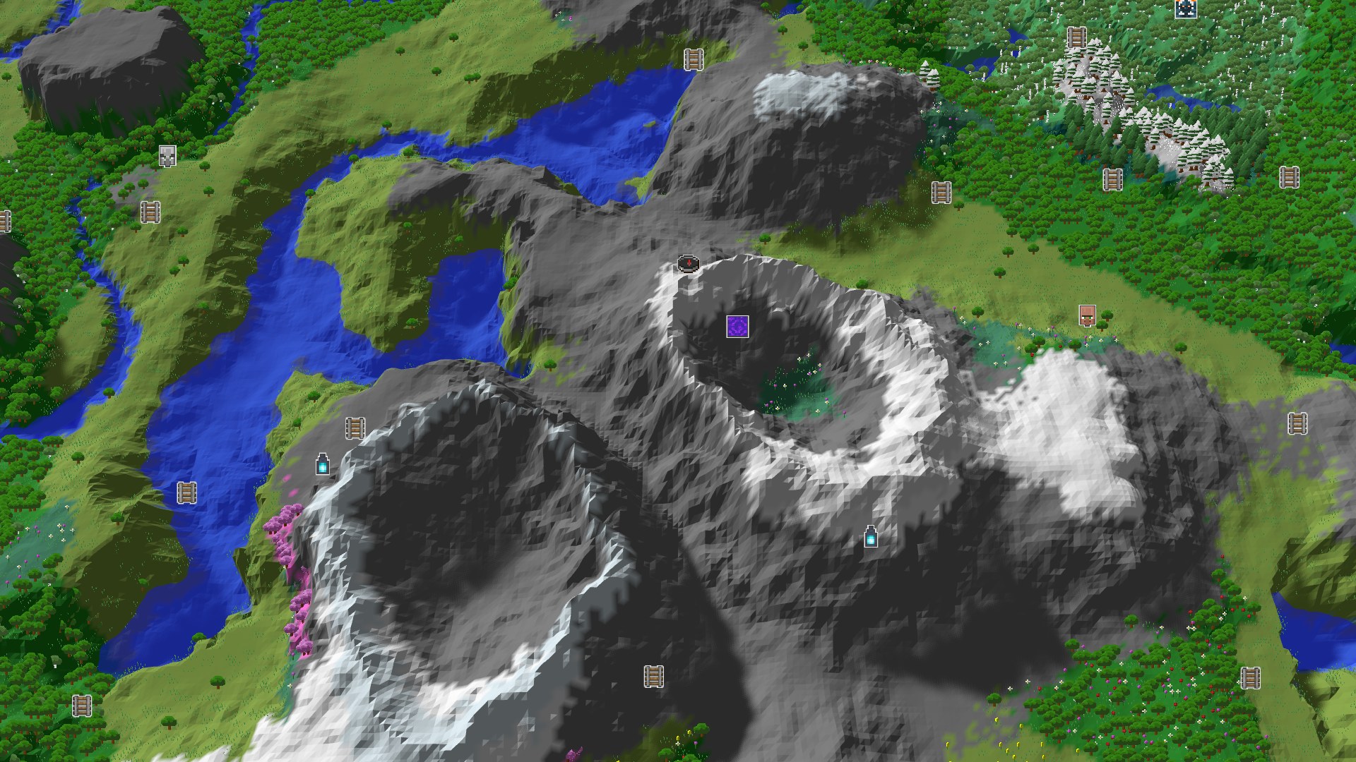 Aerial Minecraft seed map — Peaks, Plains, and a Pink Splash Near Spawn