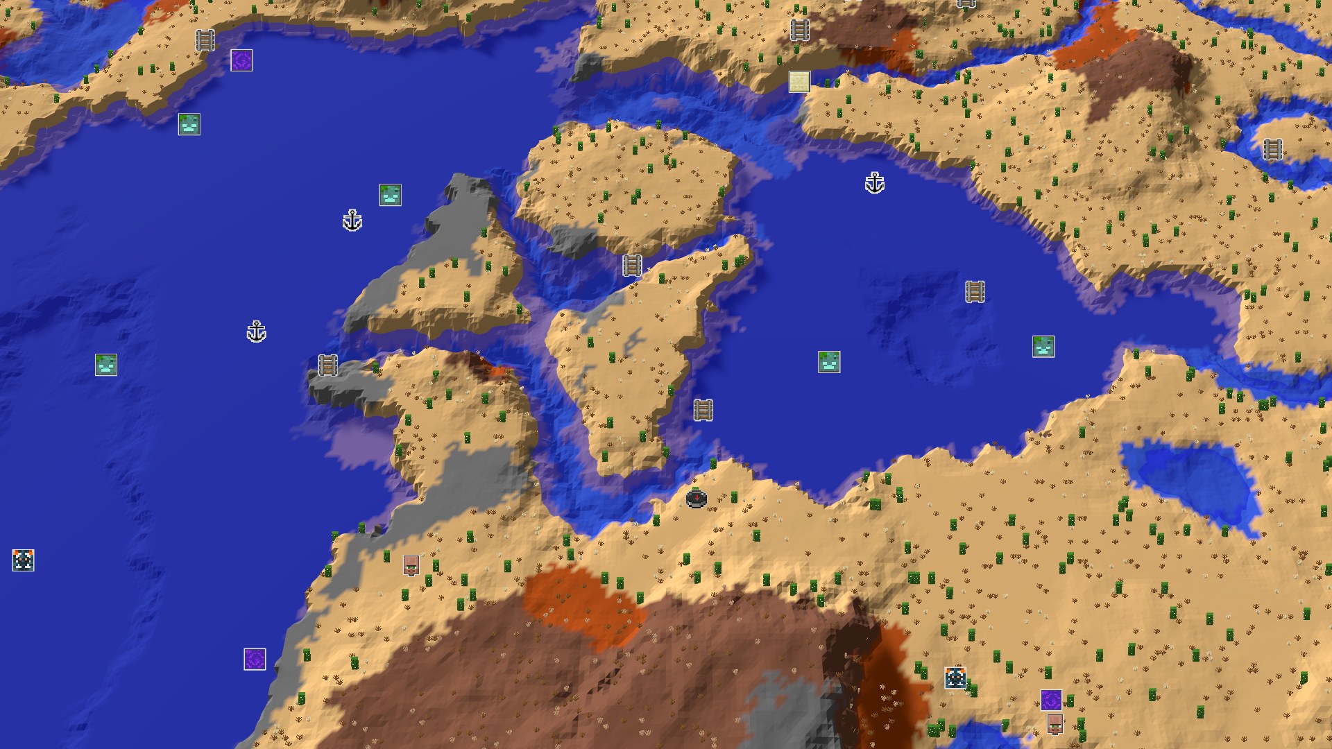 Aerial Minecraft seed map — Desert Spawn with Nearby Geode and Badlands
