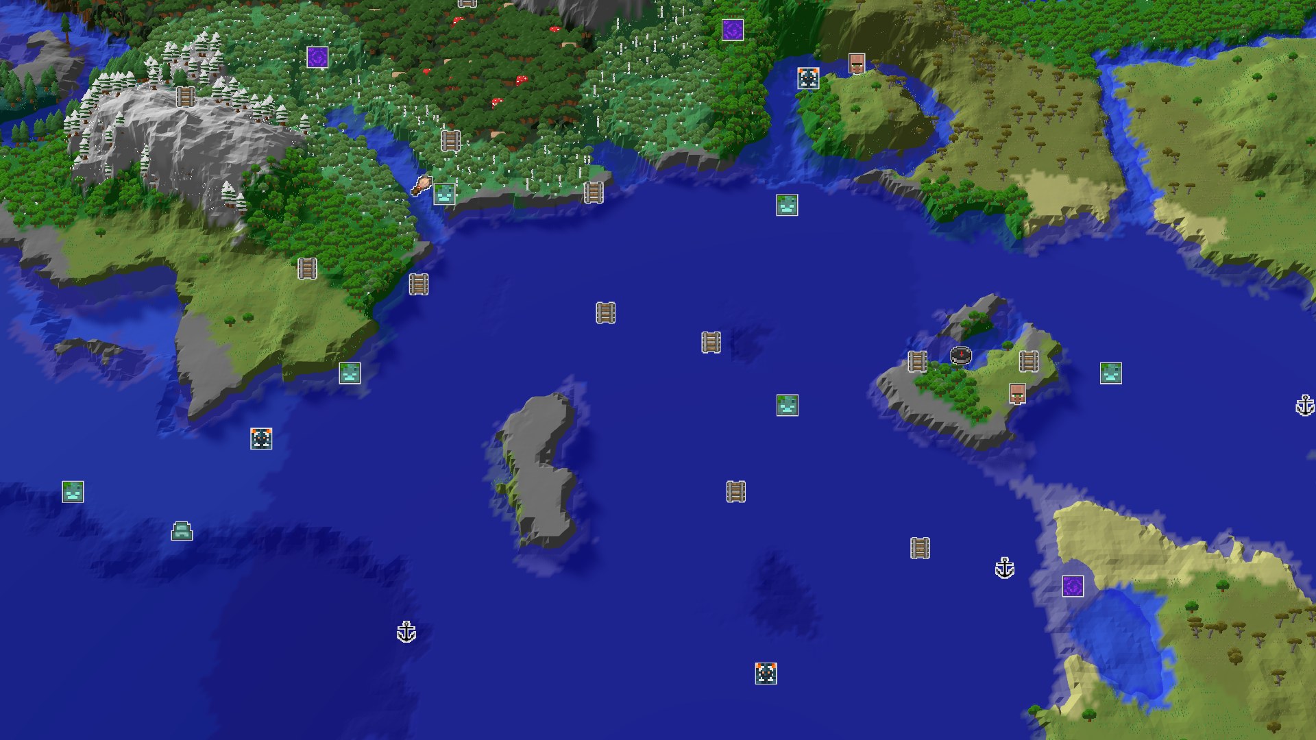 Aerial Minecraft seed map — Forest Spawn with Quick Access to Village and Geode