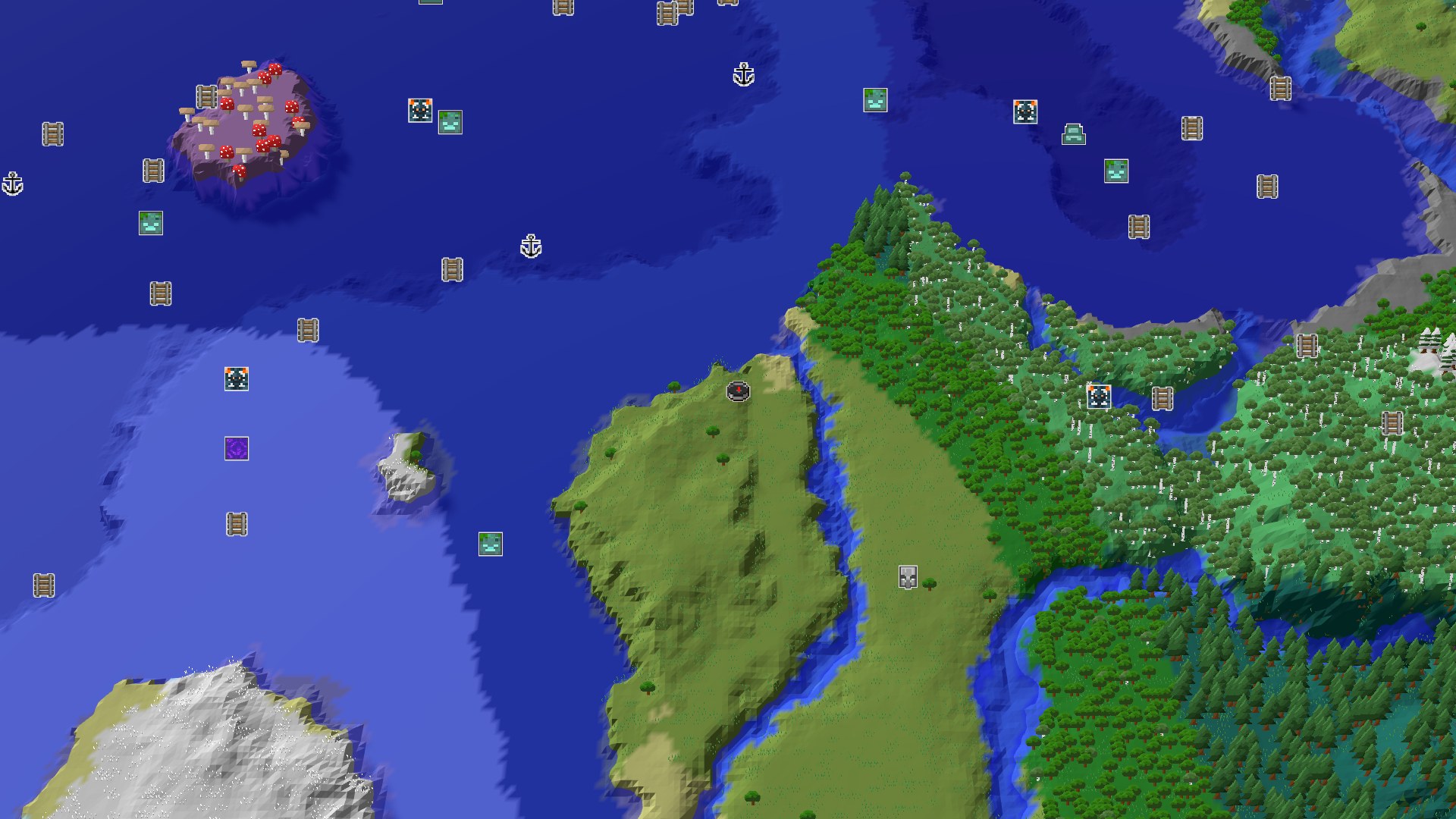 Aerial Minecraft seed map — Spawn in Plains with a Mushroom Fields Island Nearby