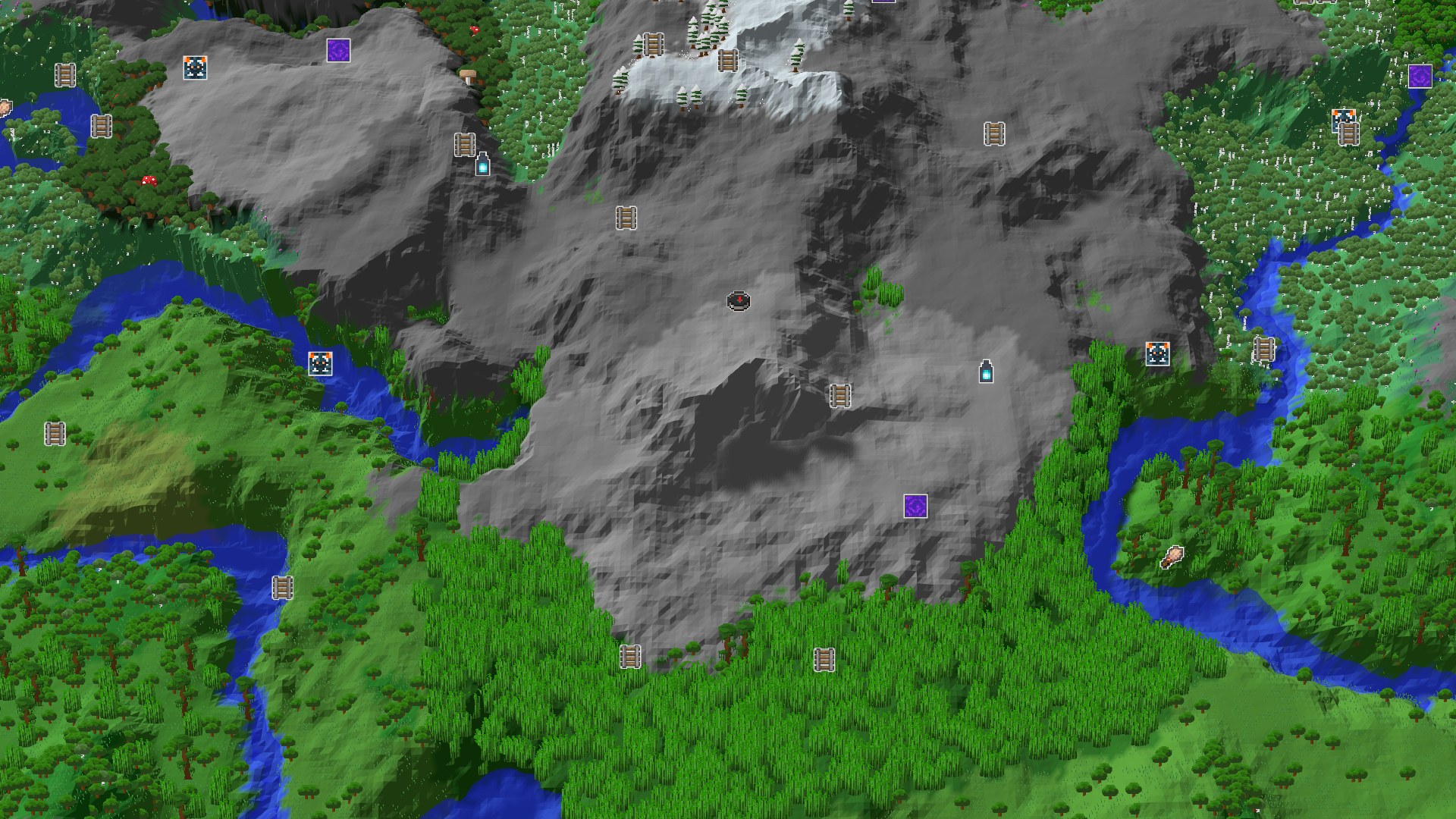 A 3D overhead view of a diverse Minecraft landscape featuring a prominent gray mountain range with snowy caps, flanked by lush green jungles, a flowing blue river, and a mix of other forest biomes.