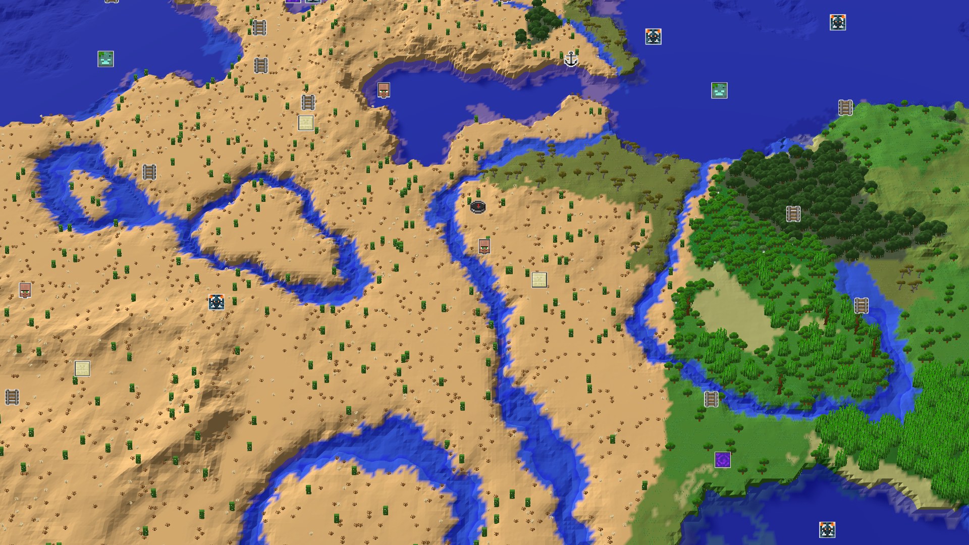 Aerial Minecraft seed map — Desert Start with a Nearby Geode and Village
