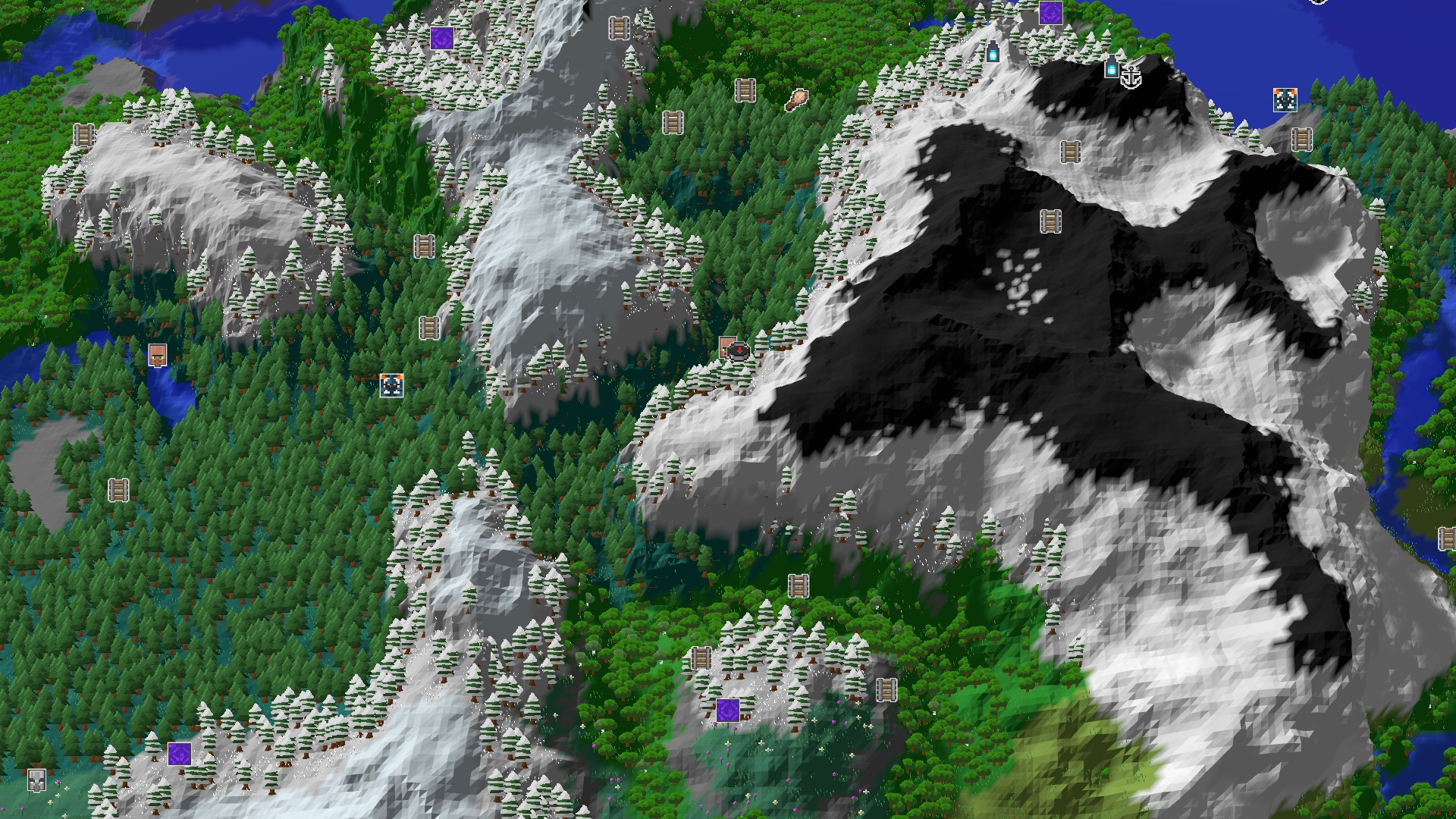 Aerial Minecraft seed map — Village Start with Nearby Frozen Peaks and Taiga
