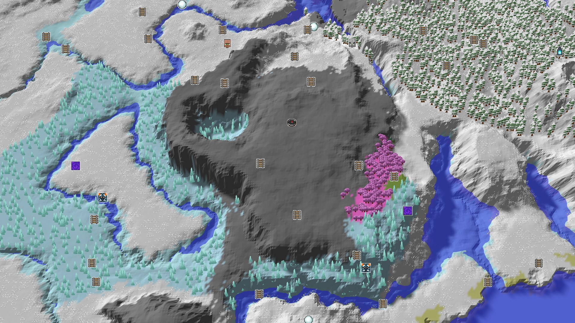 A 3D aerial view of a snowy, mountainous landscape with a distinct pink cherry grove and several frozen rivers, with a small spawn marker in the center.