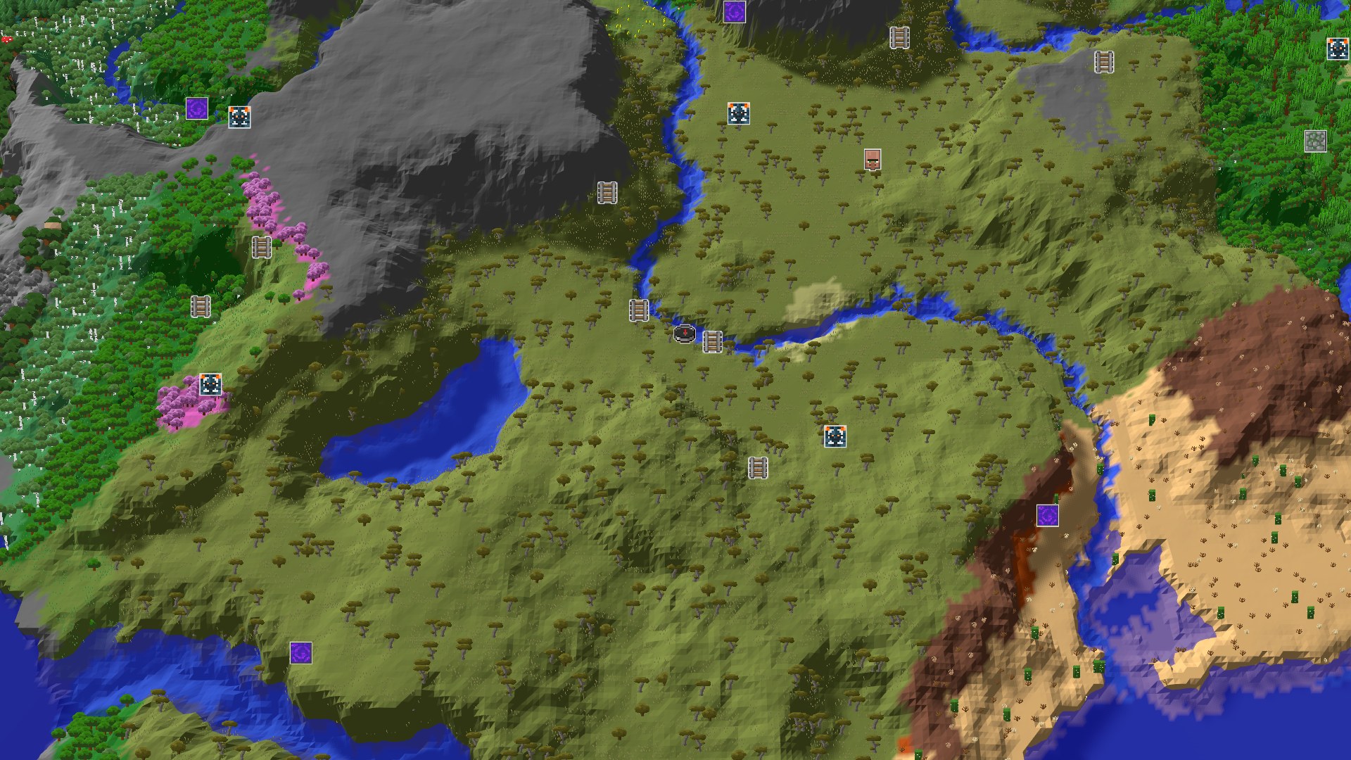 Aerial Minecraft seed map — Savanna Start with a Close Village and Mineshaft