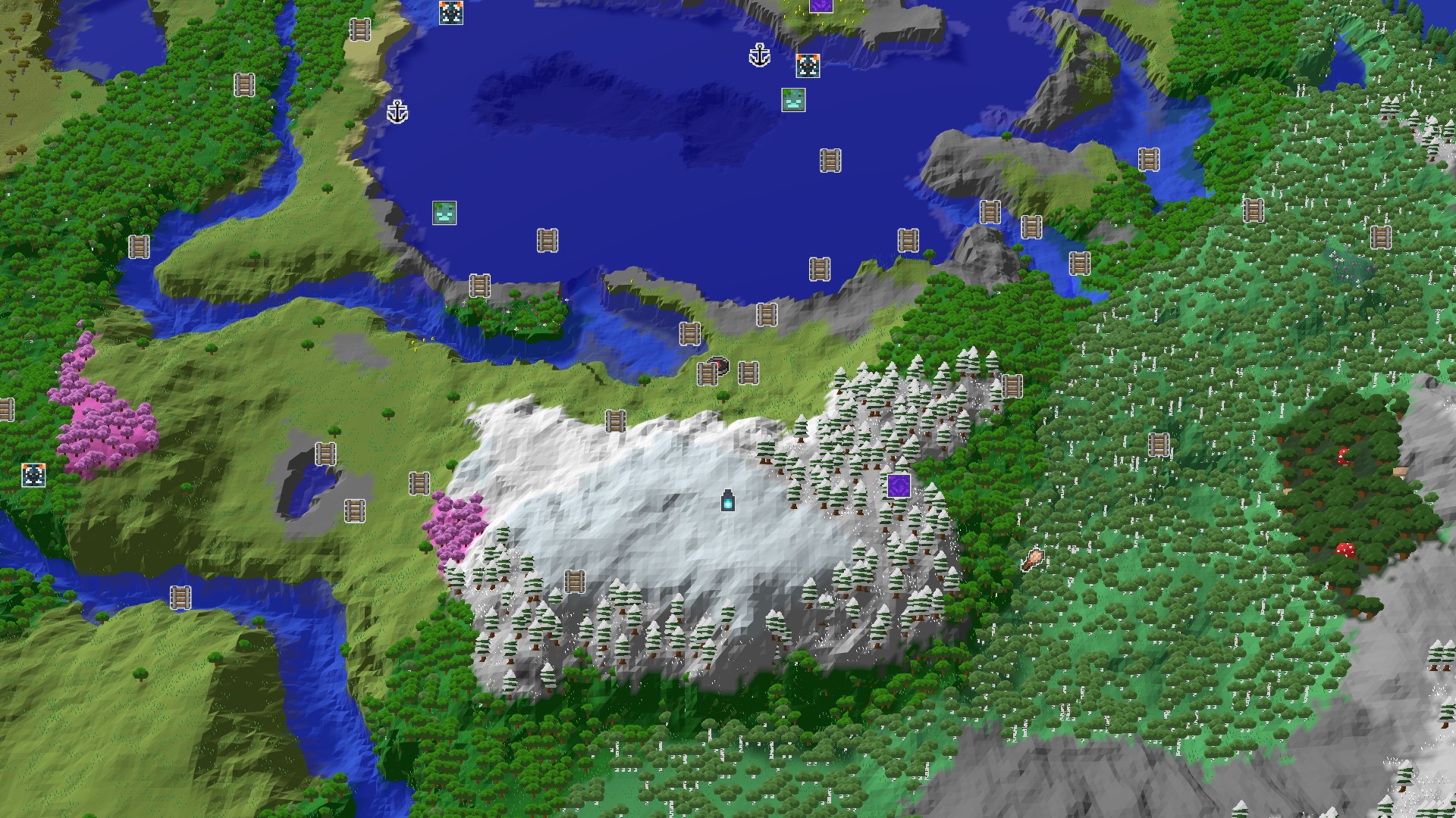 Aerial Minecraft seed map — A Mineshaft and Snowy Slopes Near Spawn