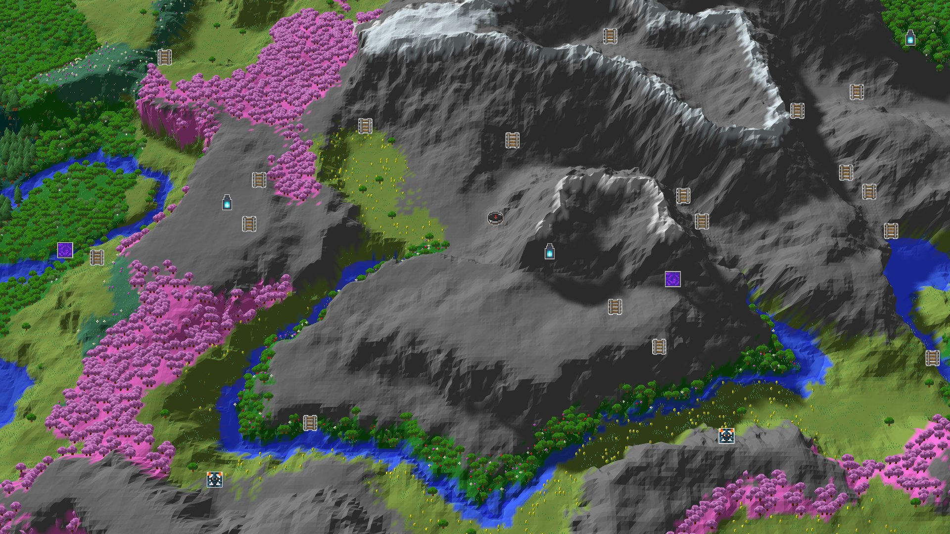 A bird's-eye view of a varied Minecraft landscape featuring purple-leafed cherry groves, dark grey mountains with snowy peaks, and winding blue rivers, with a small spawn marker at the center.