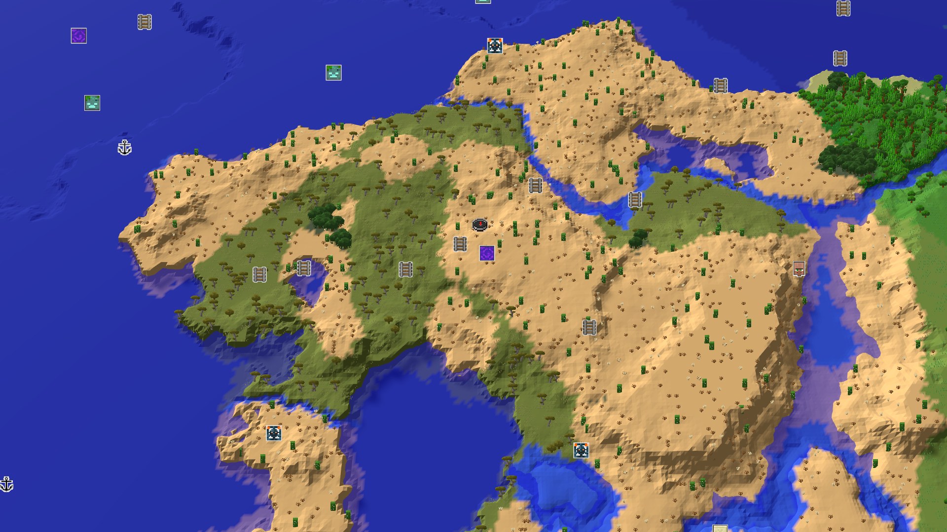 A bird's-eye view of a desert landscape with scattered green patches of savanna, winding rivers, and a large ocean to the west. A small purple marker indicates the spawn point.