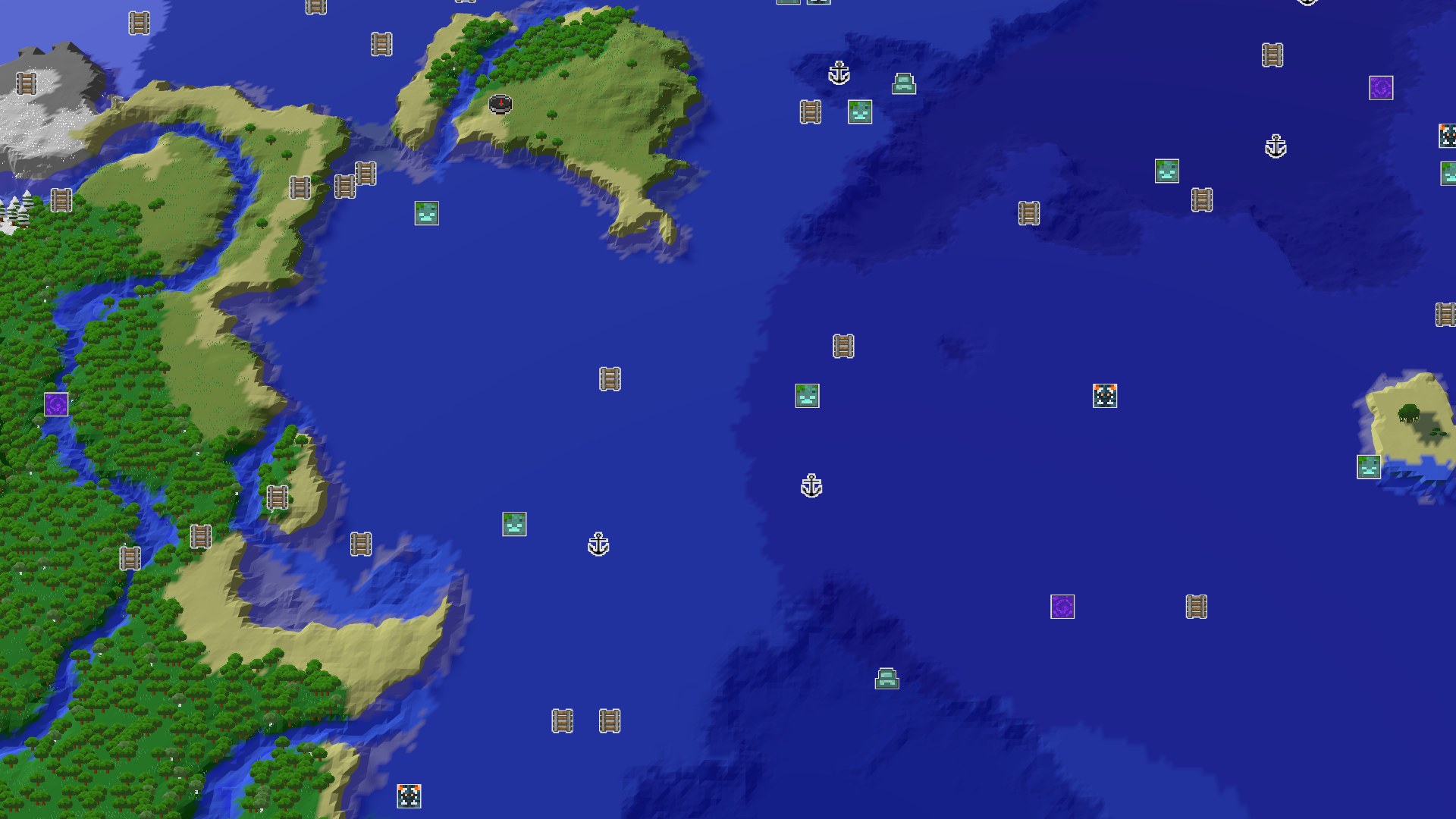 Aerial Minecraft seed map — Ocean Gateway with a Nearby Amethyst Geode