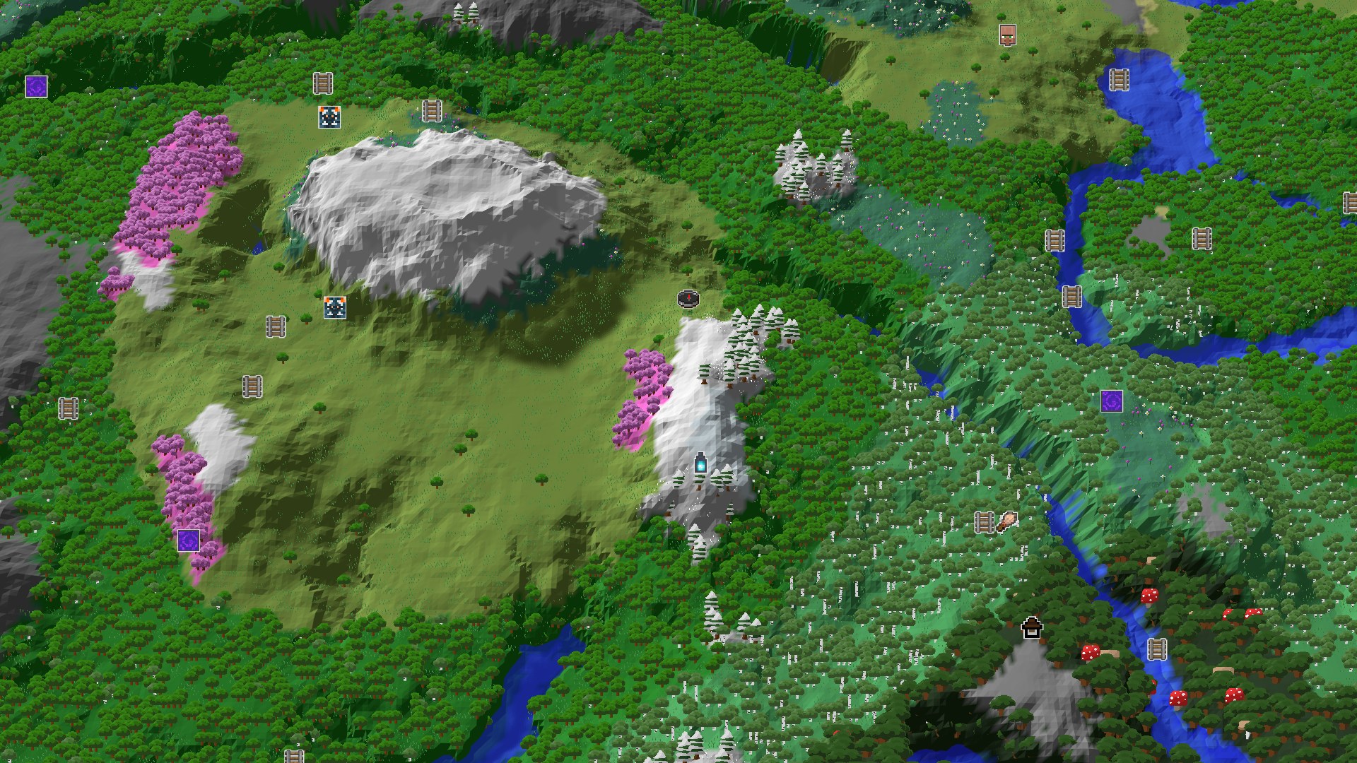 Aerial Minecraft seed map — A Mountainous Start with Nearby Cherry Blossoms