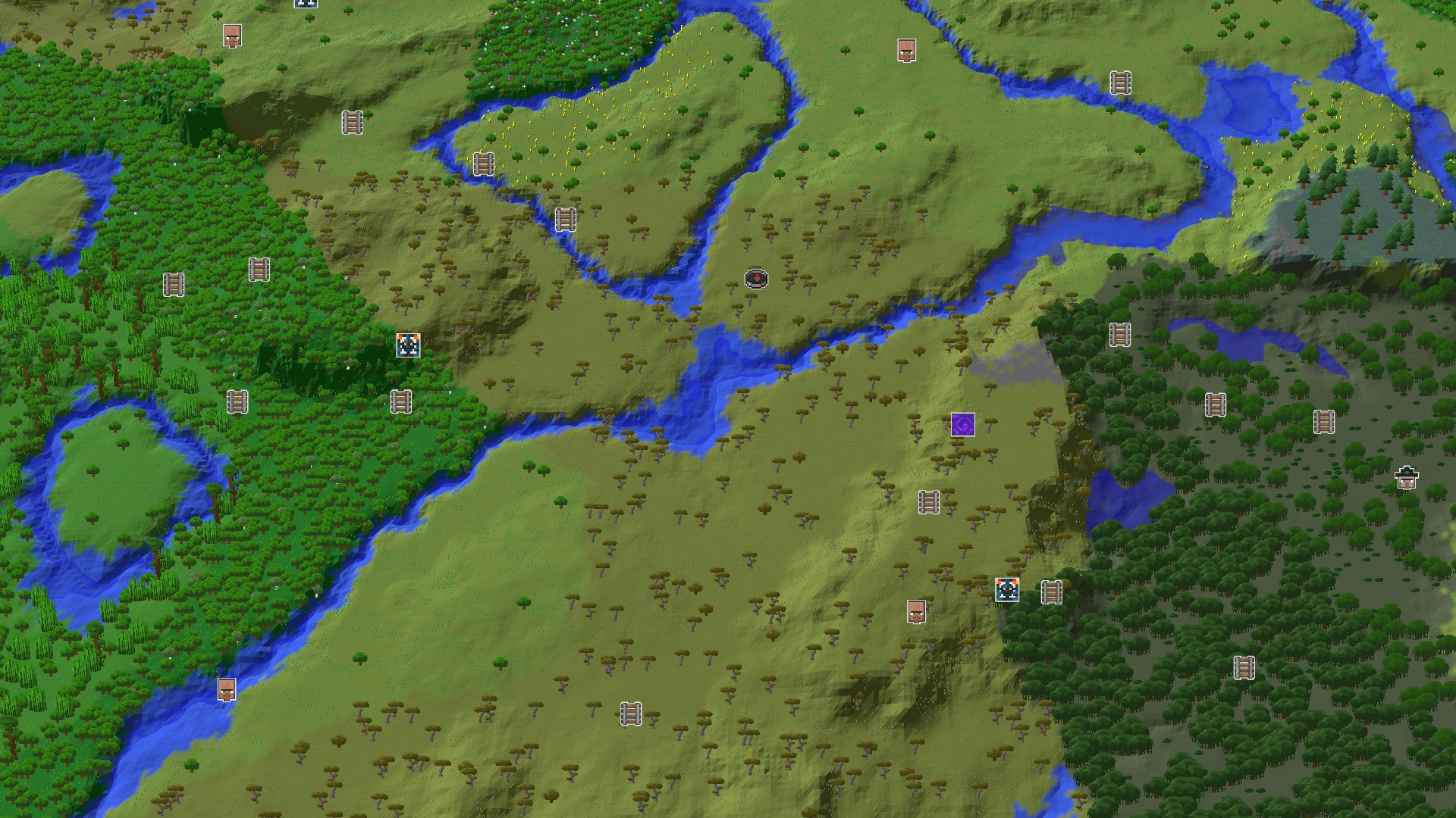 Aerial Minecraft seed map — Savanna Spawn with a Nearby Amethyst Geode